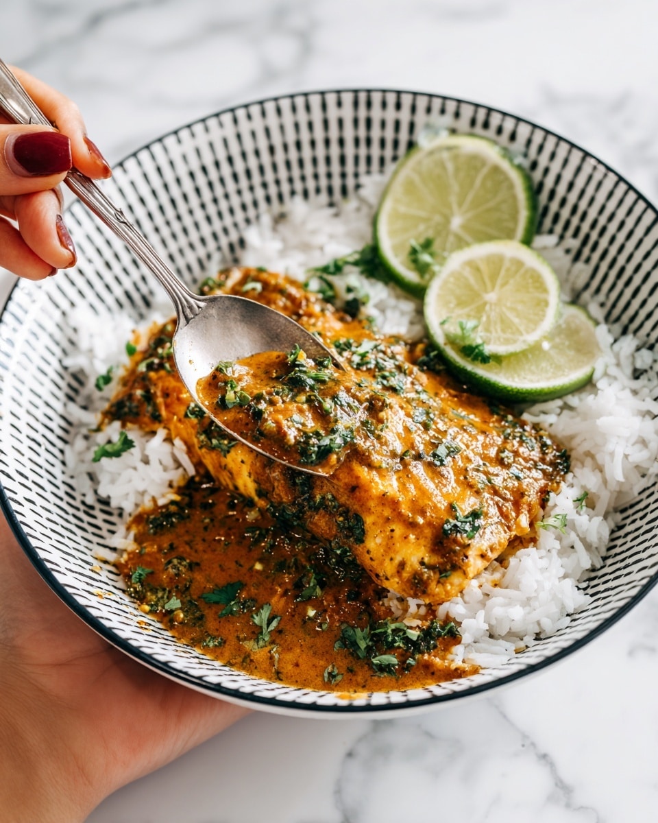 A white bowl with a black grid pattern holds a serving of white rice as the bottom layer. On top of the rice lies a large piece of fish covered with a thick, orange-brown sauce that has green herbs mixed in. Two green lime wedges rest on the right side of the fish. A woman's hand is holding a silver spoon dipping into the rice on the left side of the bowl. The bowl is placed on a white marbled surface. photo taken with an iphone --ar 4:5 --v 7