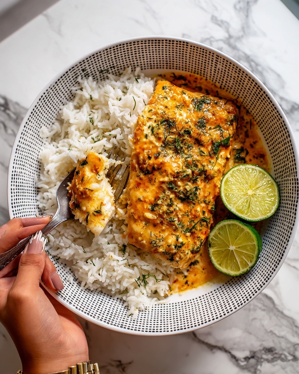 A white bowl with a blue checkered pattern holds a bed of white rice as the bottom layer, soft and fluffy in texture. The middle layer is a piece of cooked fish with a golden-brown color, covered in a creamy, light brown sauce with visible bits of green herbs. On the side inside the bowl, a wedge of lime with bright green skin and pale green flesh rests partially on the rice. A woman's hand is squeezing lime juice over the fish from above. A silver spoon is partially stuck in the rice on the left side of the bowl. The bowl is placed on a white marbled surface. photo taken with an iphone --ar 4:5 --v 7