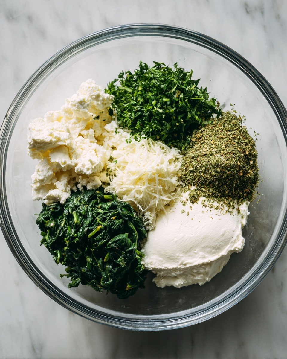 A clear glass bowl sits on a white marbled surface filled with five separate piles of ingredients. On the top right is a soft, crumbly white cheese. Near the top left is a bright green heap of chopped herbs, which appear fresh and leafy. Below this is a pile of dried green spices with a fine texture. In the bottom center is a deep green, moist heap of cooked spinach. To the right side of the spinach is a creamy dollop of thick white cheese. The ingredients are arranged neatly next to each other inside the bowl. photo taken with an iphone --ar 4:5 --v 7