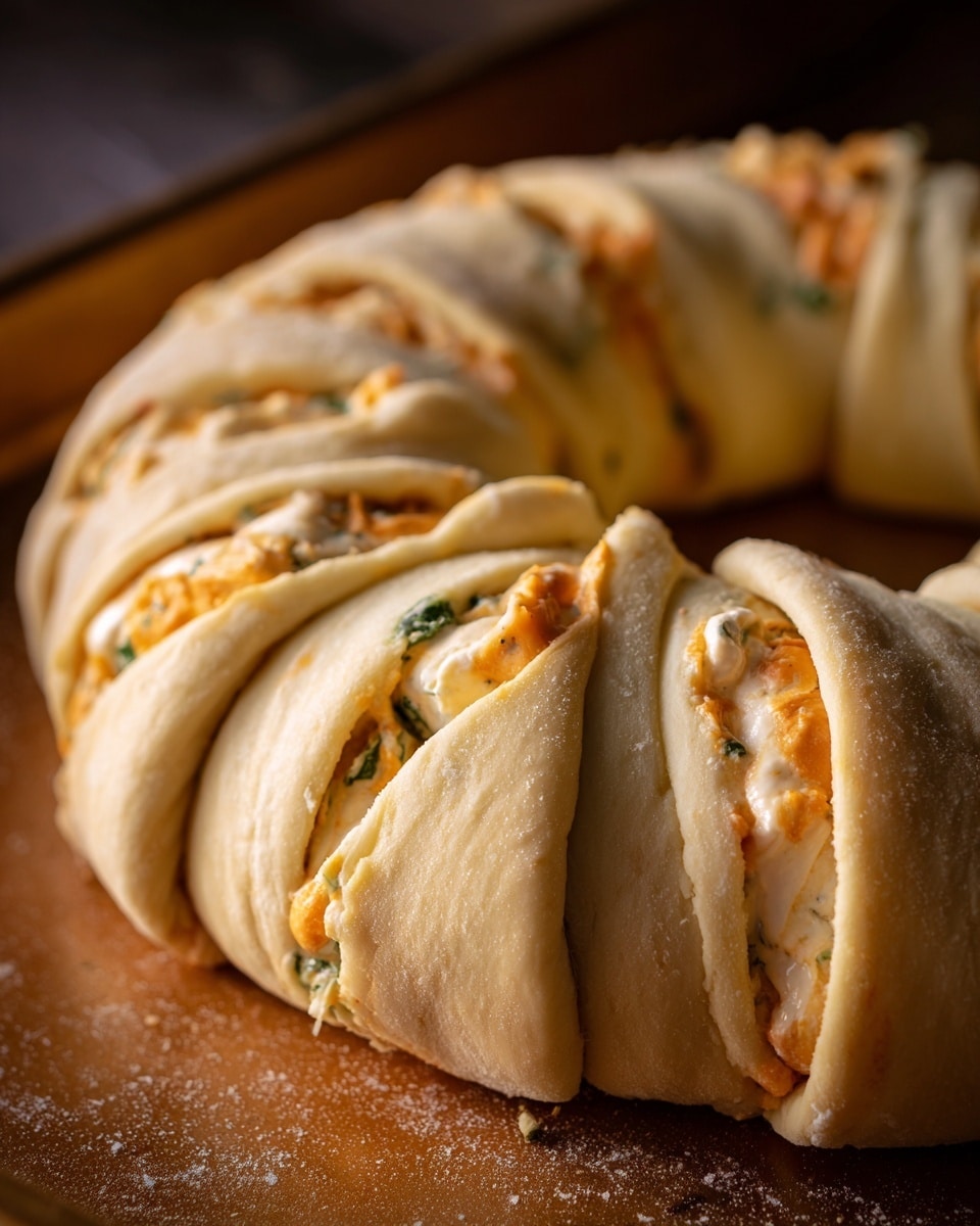 A round dough ring with visible layers of soft pale dough wrapped around a filling that is creamy orange with small bits of green, arranged on a copper-brown baking tray. The dough has been cut into segments, showing the filling through the gaps, and is slightly puffy and smooth. The ring has a golden tint from the baking tray beneath, and the filling looks soft and slightly textured. photo taken with an iphone --ar 4:5 --v 7