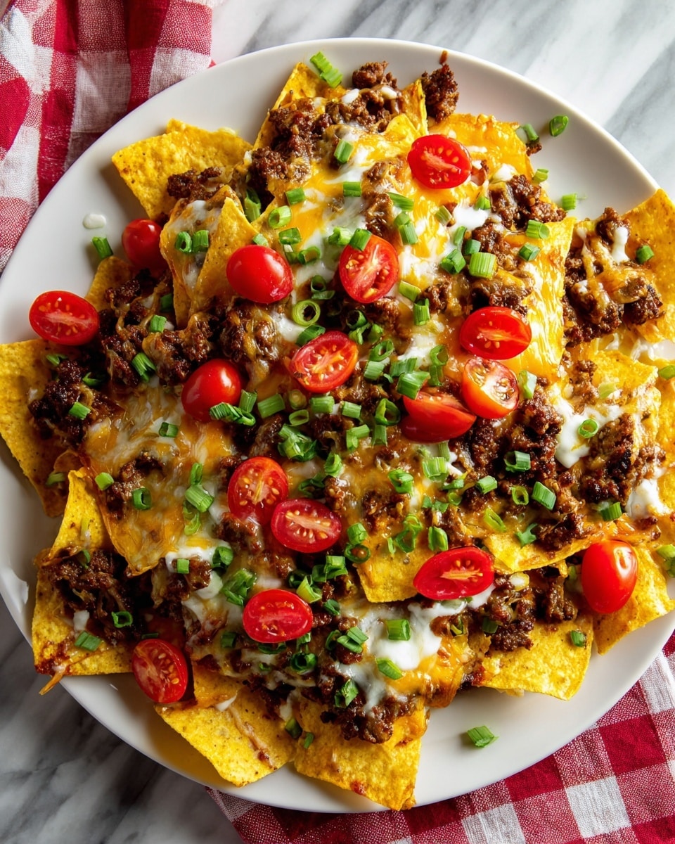 A round aluminum tray filled with a layer of crispy yellow corn tortilla chips, topped with melted white and light yellow cheese forming a bubbly texture over the chips. Scattered on top are small brown cooked meat pieces evenly spread throughout. Bright red cherry tomato halves are placed on top, adding a fresh contrast. Green chopped scallions are sprinkled all over, adding color and freshness. The tray is set on a white marbled textured surface with a red and white checkered cloth partially visible underneath. Photo taken with an iphone --ar 4:5 --v 7