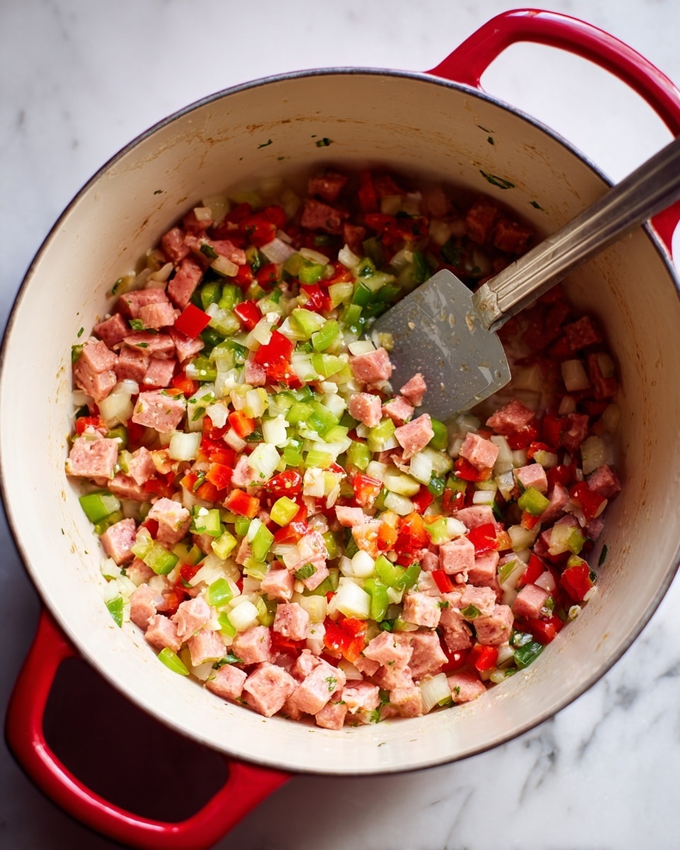 Inside a large red pot with white handles, there are three visible layers of diced food: pink chunks of sausage, small pieces of green bell pepper, and chopped red bell pepper, all mixed with tiny bits of onion and garlic. A silver spatula with a gray silicone head rests inside the pot, slightly touching the ingredients. The pot sits on a white marbled surface, and the overall look is colorful and fresh. photo taken with an iphone --ar 4:5 --v 7