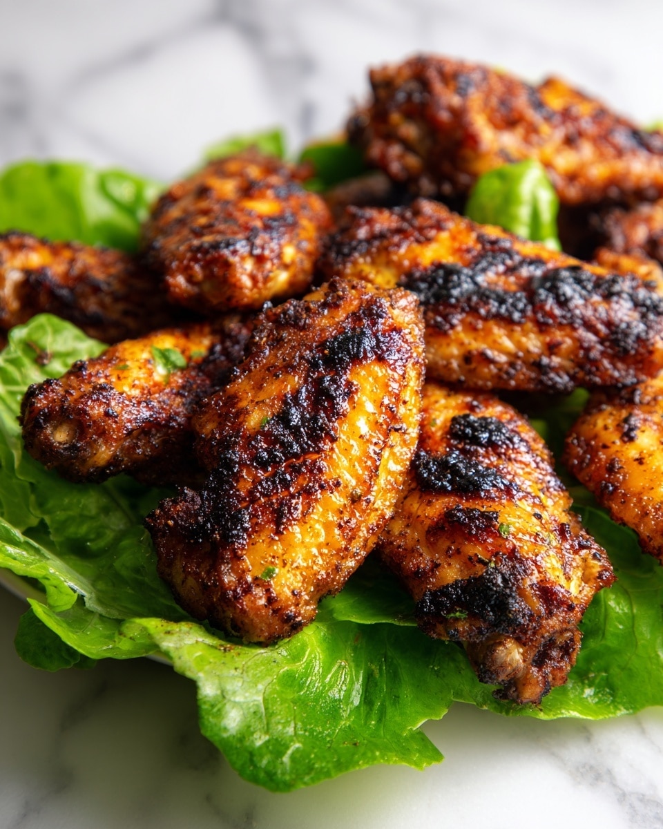 The image shows a close-up of grilled chicken wings with a mix of dark charred spots and golden brown crispy skin, resting on fresh green lettuce leaves that create a fresh and bright base under the wings. The wings have a textured surface with visible seasoning and spices, adding to their rich look. The background is a white marbled surface, highlighting the colors of the food. Woman's hand is not visible but implied for serving photo taken with an iphone --ar 4:5 --v 7