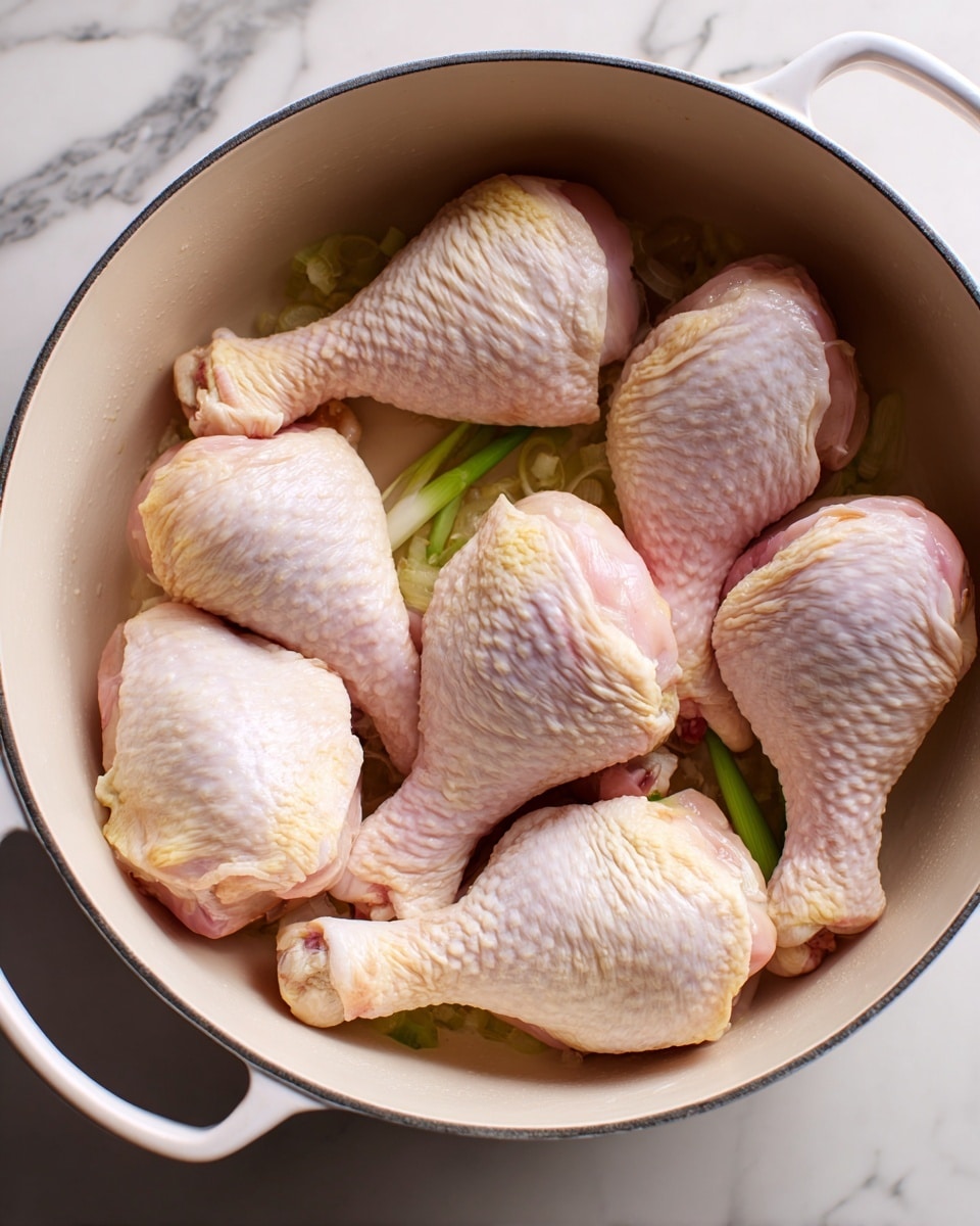 A white pot holds seven raw chicken drumsticks arranged in a loose circle inside. The chicken drumsticks are pale pink with light yellow skin and visible texture. Beneath the chicken, some light green vegetable pieces, including a green onion, are partially visible. The pot sits on a stove with a white marbled background. photo taken with an iphone --ar 4:5 --v 7