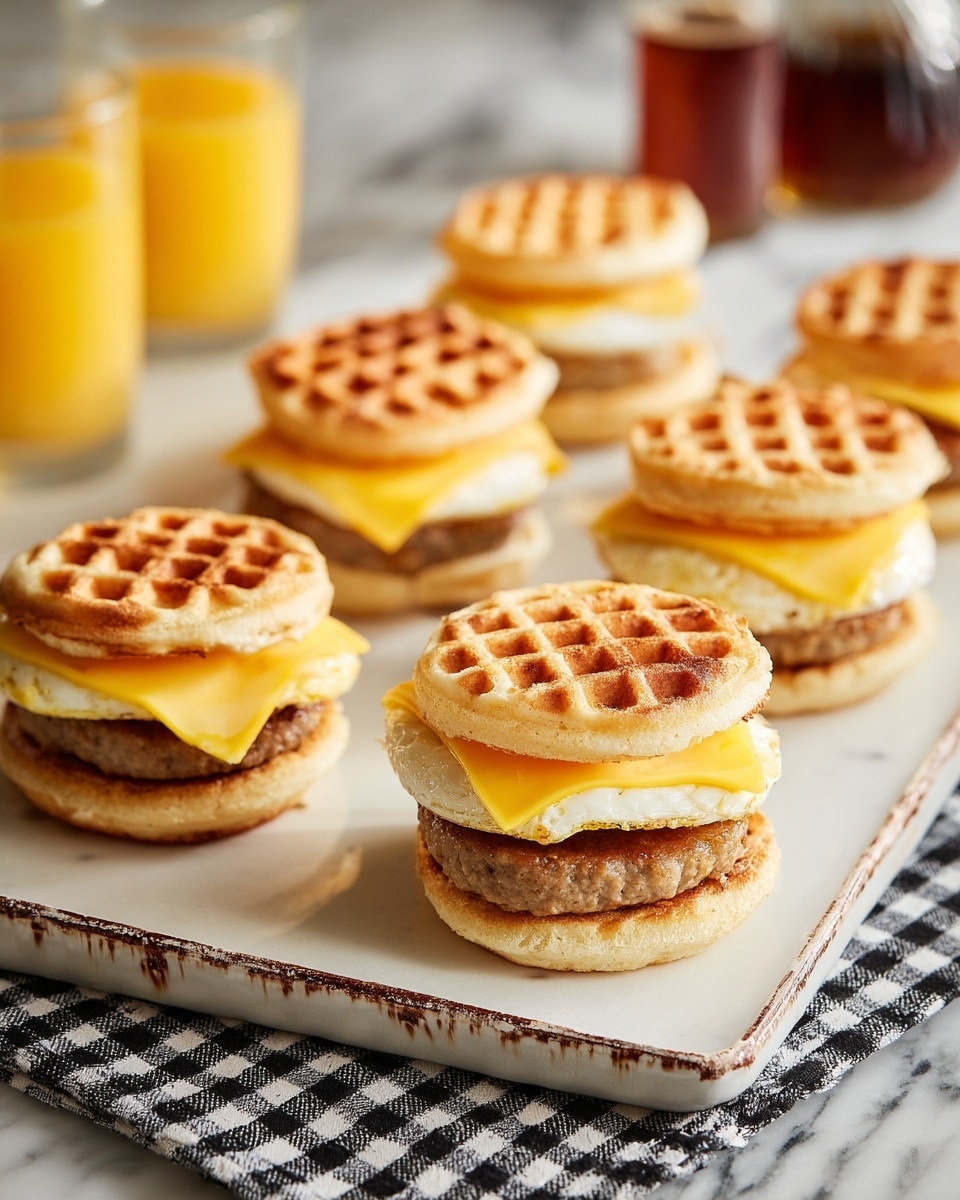 The image shows several small sandwiches arranged closely together on a wooden surface. Each sandwich has three layers: the bottom layer is a light-colored biscuit, the middle is a round, browned sausage patty, then a square slice of melted orange cheese, and the top layer is a fried egg with a bright yellow yolk and white edges that have a slightly crispy texture. The sandwiches look warm and fresh, with the eggs slightly overlapping the edges of the cheese and sausage. Photo taken with an iphone --ar 4:5 --v 7