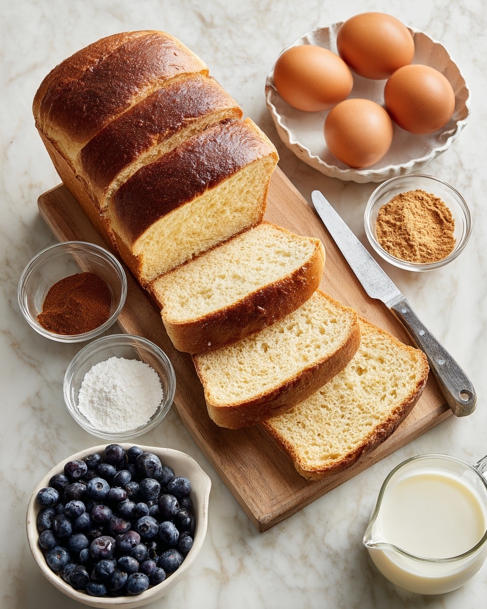A wooden cutting board on a white marbled surface holds three pieces of golden-brown bread with crusty texture, placed next to a large silver-handled bread knife. Around the cutting board, there are small clear glass bowls with light brown cinnamon powder, white granulated sugar, and fine salt. A white bowl filled with fresh dark blue blueberries, a white bowl containing three brown eggs, and a clear measuring cup nearly full of white milk surround the cutting board. The colors include warm golden tones from the bread, deep blue from the berries, and soft brown from the eggs, set against the clean white bowls and white marbled background. photo taken with an iphone --ar 4:5 --v 7