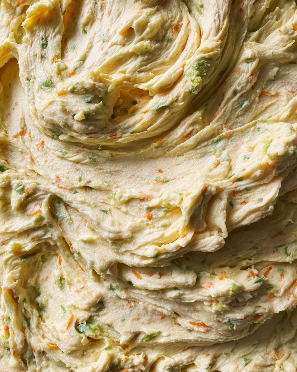 A close-up of a bowl filled with a creamy dip showing 2 layers: the first layer is the smooth creamy base cream color with chunks of small green bits and tiny bits of orange throughout, spread evenly and thickly inside a white bowl. The texture looks soft, thick, and a little chunky. The bowl sits on a white marbled surface. photo taken with an iphone --ar 4:5 --v 7