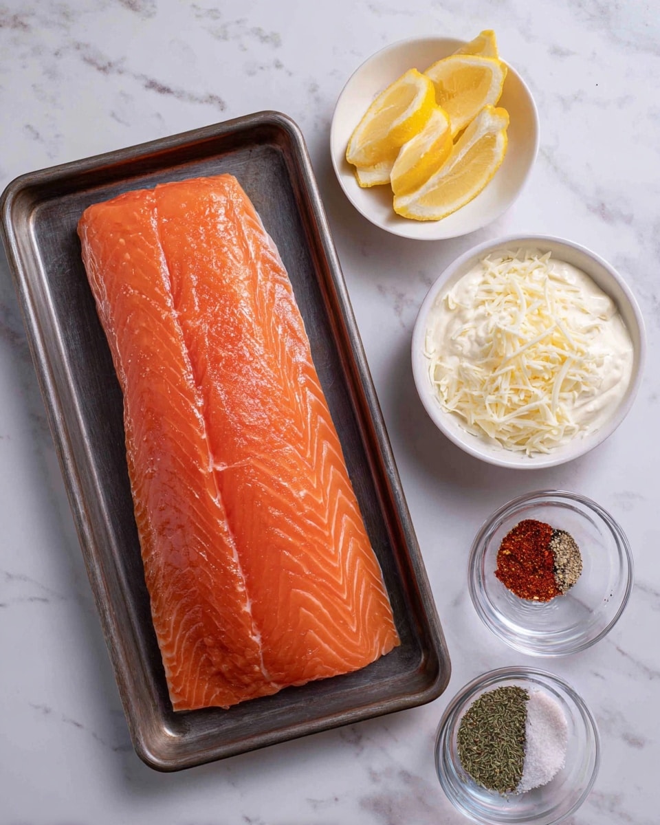 A large piece of raw salmon fillet with a smooth, bright orange texture and visible lines sits on a dark metal tray at the center. To the right of the tray, there are three white small bowls arranged vertically: the top one has several thin yellow lemon slices, the middle one holds creamy white mayo with a smooth texture, and the bottom one contains shredded parmesan cheese, looking fine and pale. Near the bottom right corner, two small clear glass bowls hold spices; one has mixed black pepper and salt, the other has a mix of green dill, red paprika, and light garlic powder. Everything is set on a white marbled surface. Photo taken with an iphone --ar 4:5 --v 7