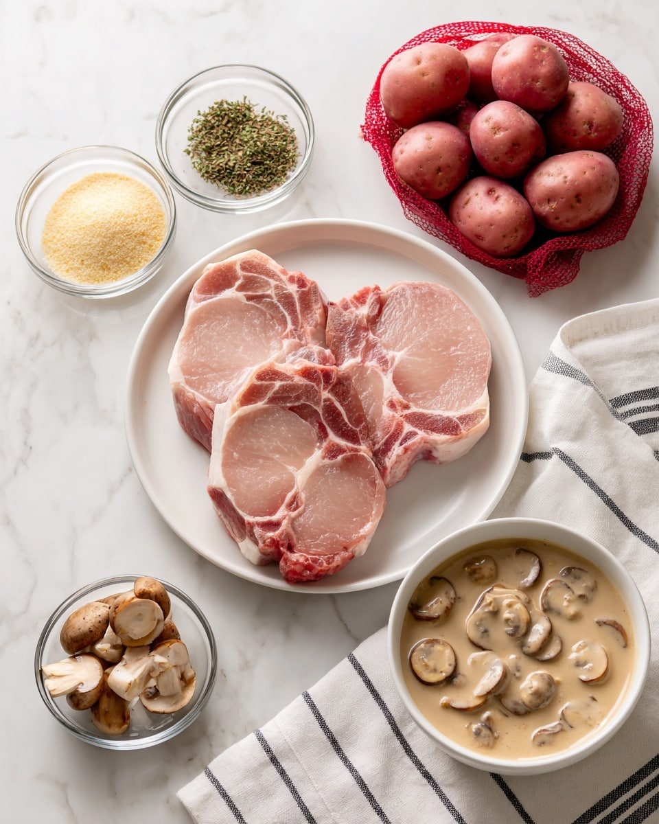 The image shows a plain white plate in the center holding two raw pork chops with visible bone, light pink meat, and some fat edges. To the top right of the plate is a red mesh bag filled with small red potatoes. Around the plate, there are four small clear bowls: one with light yellow dry crumbs, one with beige sliced mushrooms, one with a dark brown sauce, and one with light brown dried herbs. At the bottom right corner, there is a white bowl with creamy mushroom sauce that has visible chunks, placed on a white cloth with thin black stripes. All items rest on a white marbled surface. photo taken with an iphone --ar 4:5 --v 7