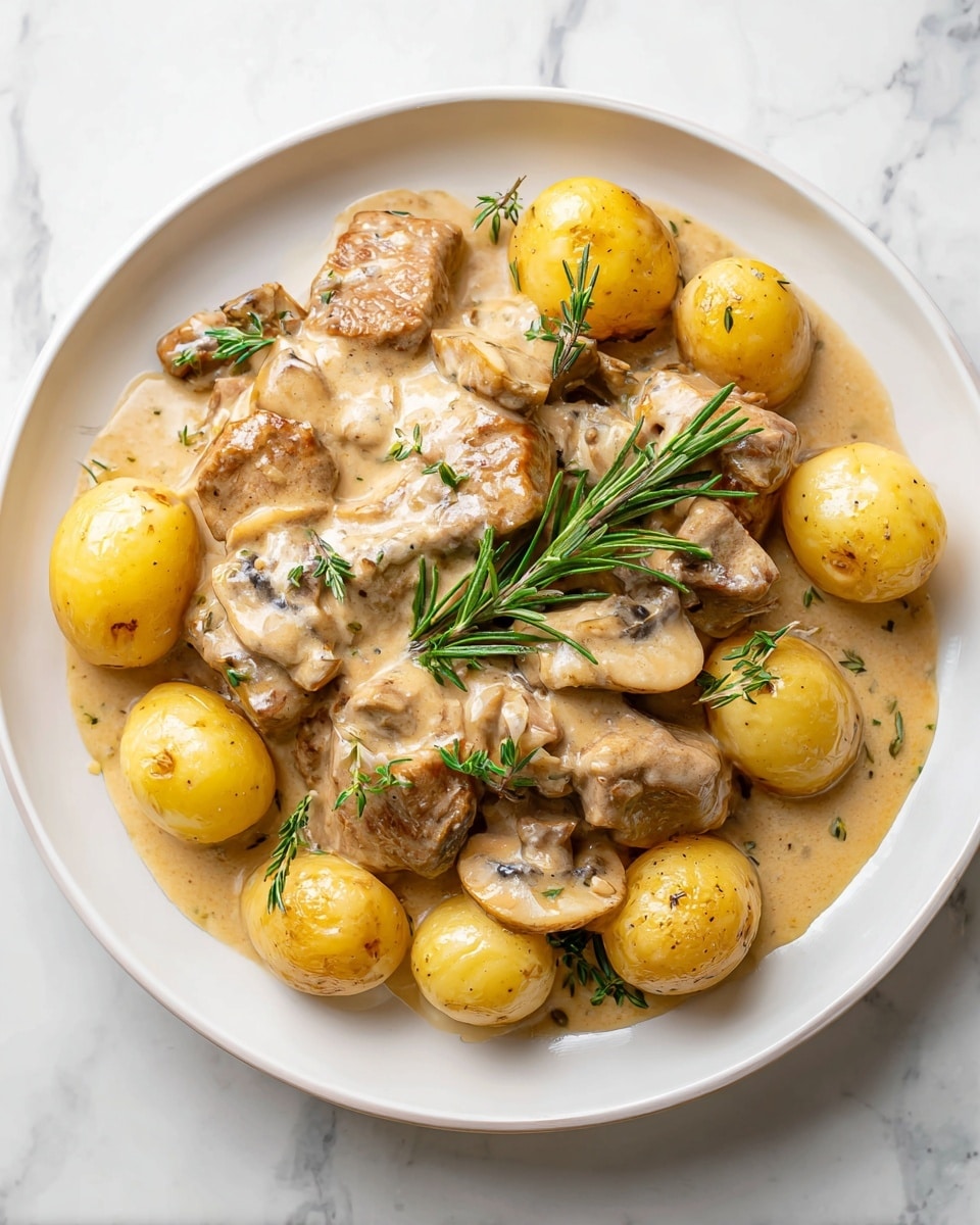 A green plate holds a dish with a base layer of small roasted brown potatoes coated in a creamy light sauce. On top of the potatoes, there is a layer of light brown cooked meat, also covered in the same creamy sauce. A small green rosemary sprig is placed on the meat for garnish. To the left of the potatoes and meat, there is another rosemary sprig laid flat on the plate. A gold fork rests on the right edge of the plate, placed on a white textured cloth napkin. In the background, a white plate with more of the same dish is partially visible, sitting on a white marbled surface. Photo taken with an iphone --ar 4:5 --v 7