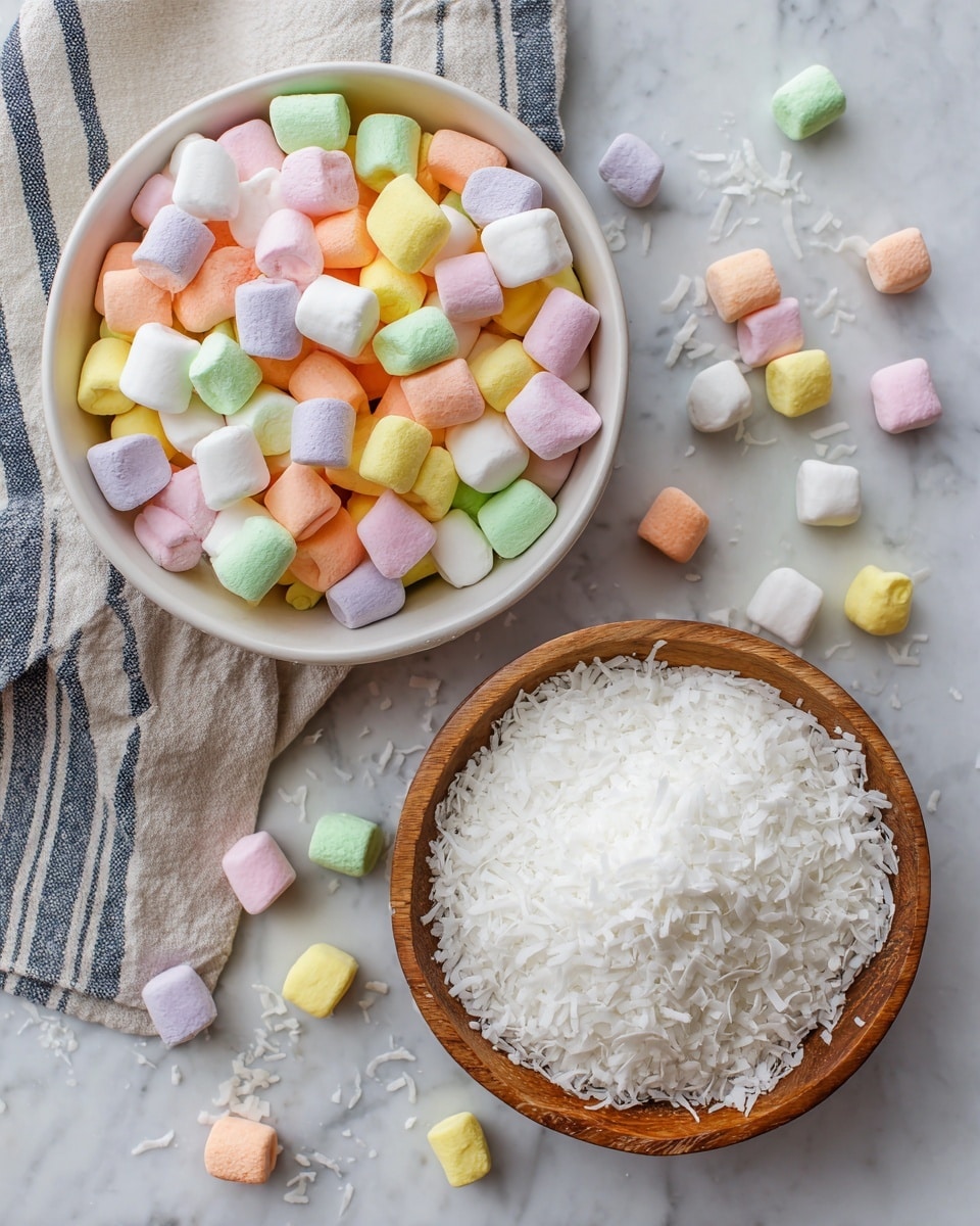 The top part shows a white bowl filled with small, soft marshmallows in pastel colors like pink, yellow, green, and orange, with some marshmallows spilling around the bowl on a white marbled surface with a folded cloth featuring dark stripes nearby. The bottom part features a wooden bowl filled with fresh, shredded white coconut, with some coconut shreds scattered on a similar white marbled surface around the bowl. photo taken with an iphone --ar 4:5 --v 7