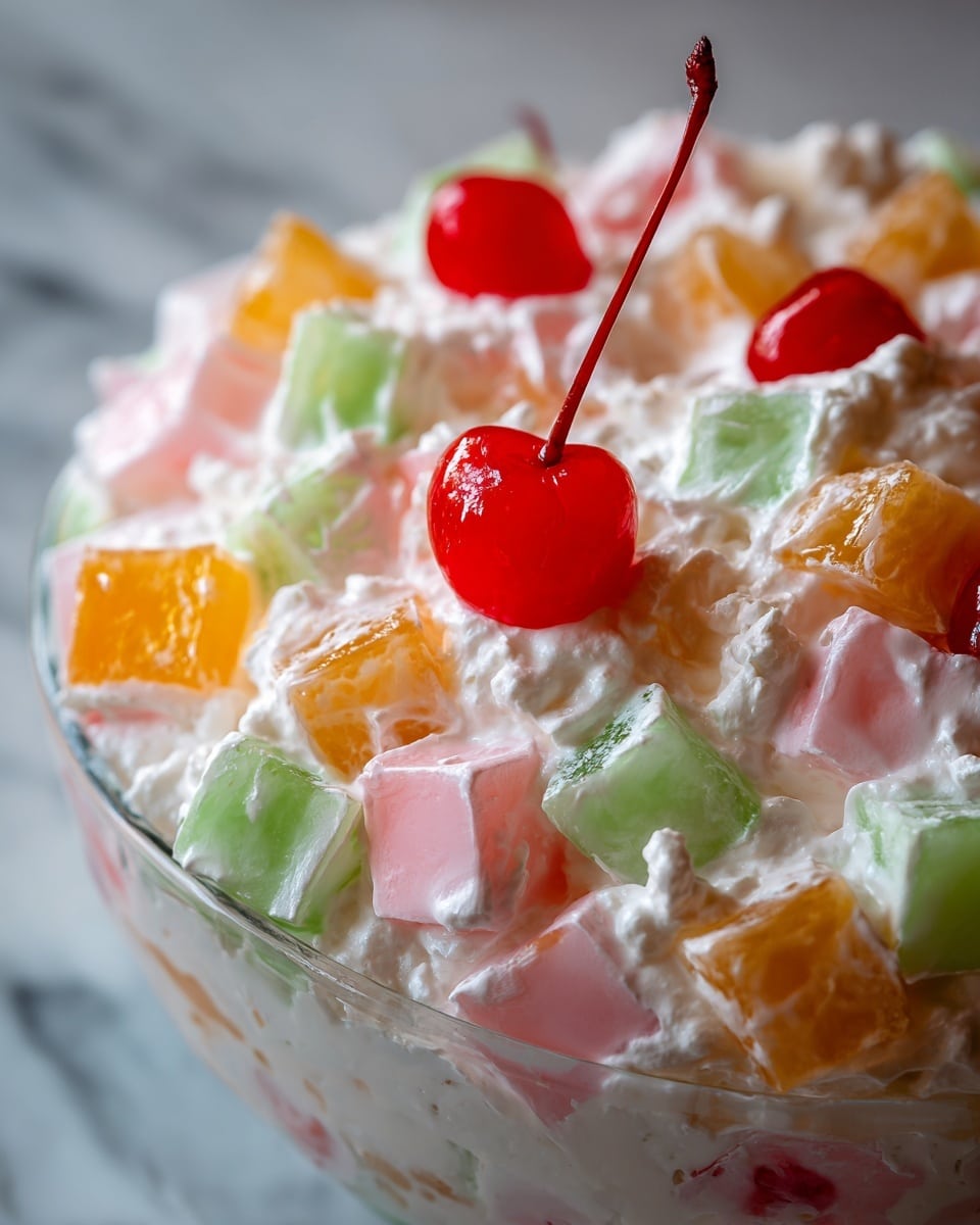 The image shows a close-up of a creamy fruit salad with visible layers of small cubed green and pink gelatin, light orange fruit pieces, white creamy cottage cheese or whipped cream, and bright red maraschino cherries, one with a long stem standing upright in the center; the mixture has a soft and lumpy texture, with the red cherries contrasting strongly against the pale cream and colorful small fruit pieces, all set against a white marbled background photo taken with an iphone --ar 4:5 --v 7
