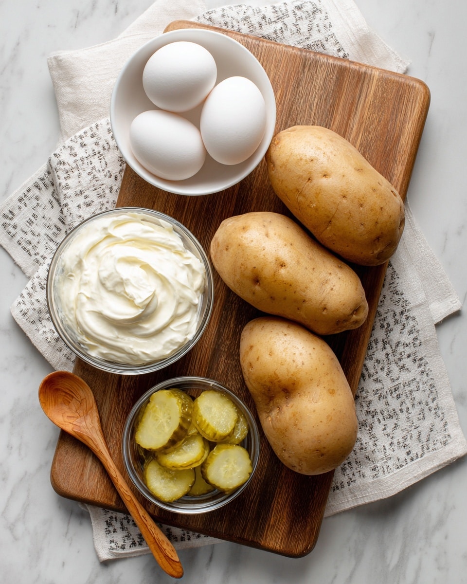 A wooden cutting board holds four large, rough-textured russet potatoes arranged centrally. To the top left, a small white bowl contains three smooth, white eggs. To the top right, another white bowl holds ridged pickle slices stacked neatly. In the bottom left corner, a glass bowl is filled with creamy white sour cream. A wooden spoon with a smooth texture rests on a white and gray patterned kitchen towel that lies on a white marbled surface. Photo taken with an iphone --ar 4:5 --v 7