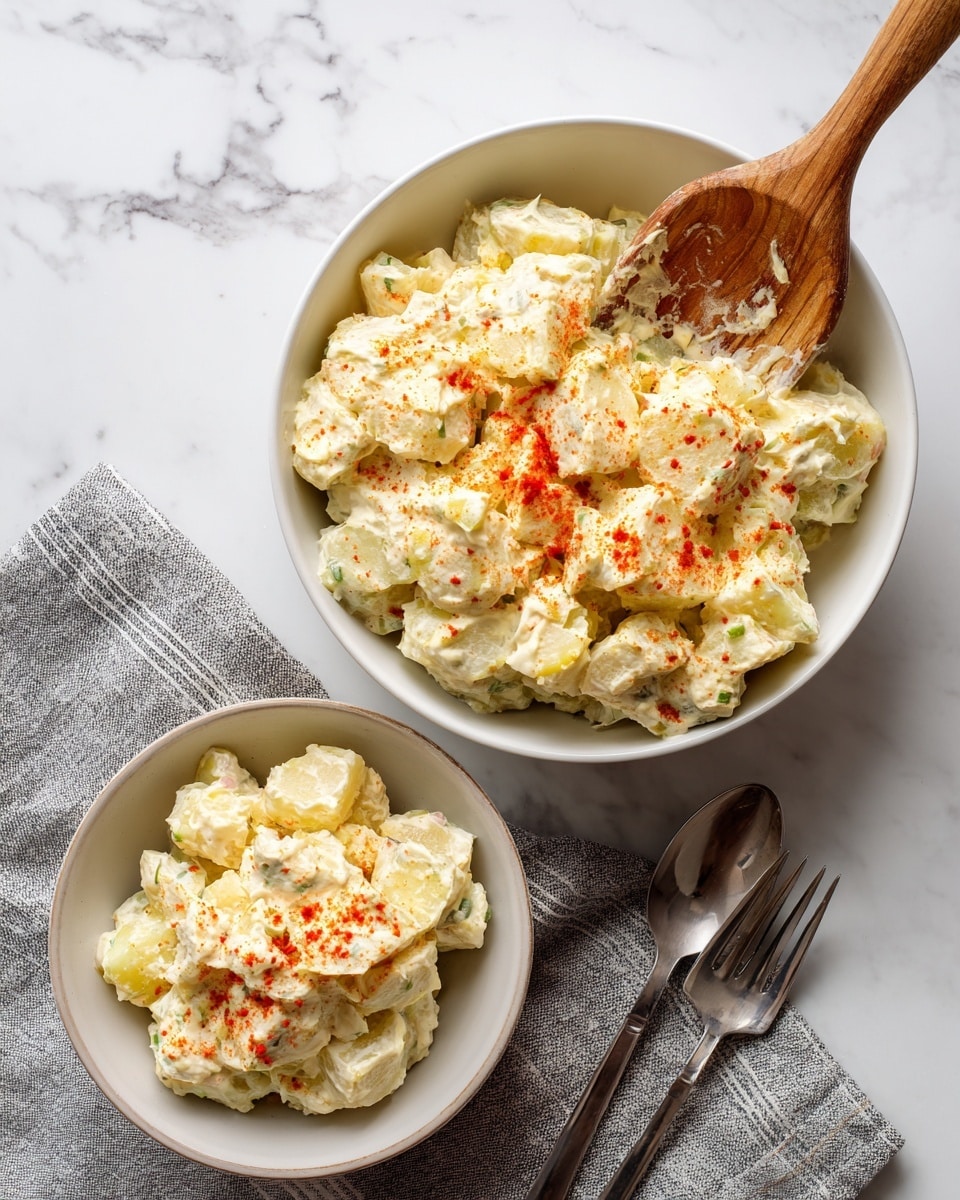 A white bowl holds a creamy potato salad with visible chunks of white potatoes mixed unevenly with a thick, pale yellow dressing. Small pieces of diced onions and pickles are scattered throughout, adding slight texture contrasts. The top is sprinkled with a light dusting of reddish-brown paprika spice. The bowl is placed on a white marbled surface with a grey and white striped towel partially visible nearby. Photo taken with an iphone --ar 4:5 --v 7