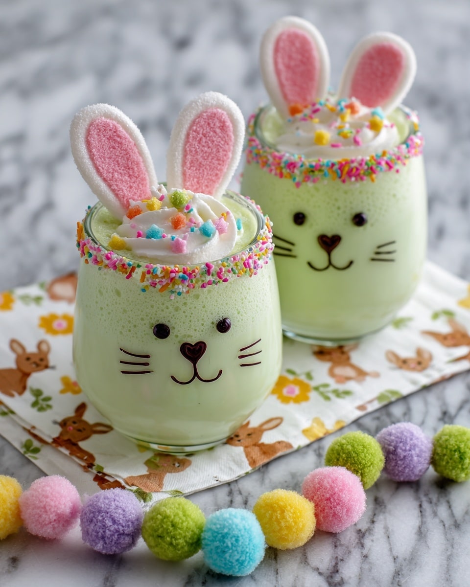 Two light green milkshakes are served in clear glasses with bunny faces drawn in black on the front, showing eyes, a heart-shaped nose, and whiskers. Each glass has two large pink sugar-coated marshmallow shapes placed like bunny ears on top. The rims of the glasses are decorated with small colorful star-shaped sprinkles. The drinks sit on a white napkin with a pattern of brown rabbits and yellow flowers. In front of the glasses, a string of fluffy pastel-colored pom-poms in pink, yellow, green, blue, and purple lies on a white marbled surface. Photo taken with an iphone --ar 4:5 --v 7