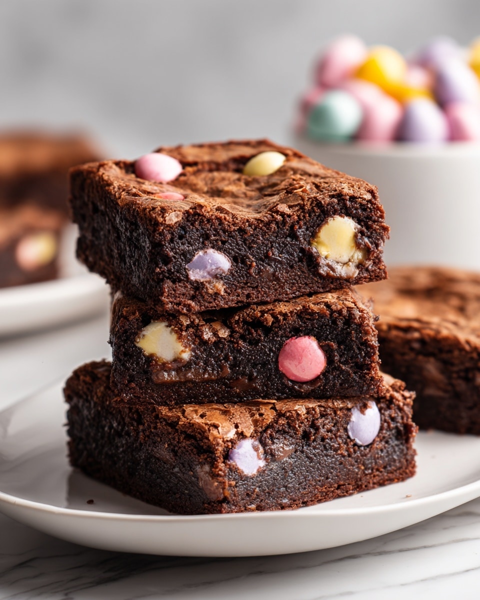 A thick, square chocolate brownie with a cracked, shiny surface sits on crinkled white parchment paper over a white marbled texture. The brownie is decorated with colorful candy eggs embedded on top, with some eggs whole and others broken, showing their milk chocolate centers. The candies come in pastel shades of white, yellow, pink, purple, green, and blue, adding bright pops of color across the dark brown brownie. Photo taken with an iphone --ar 4:5 --v 7
