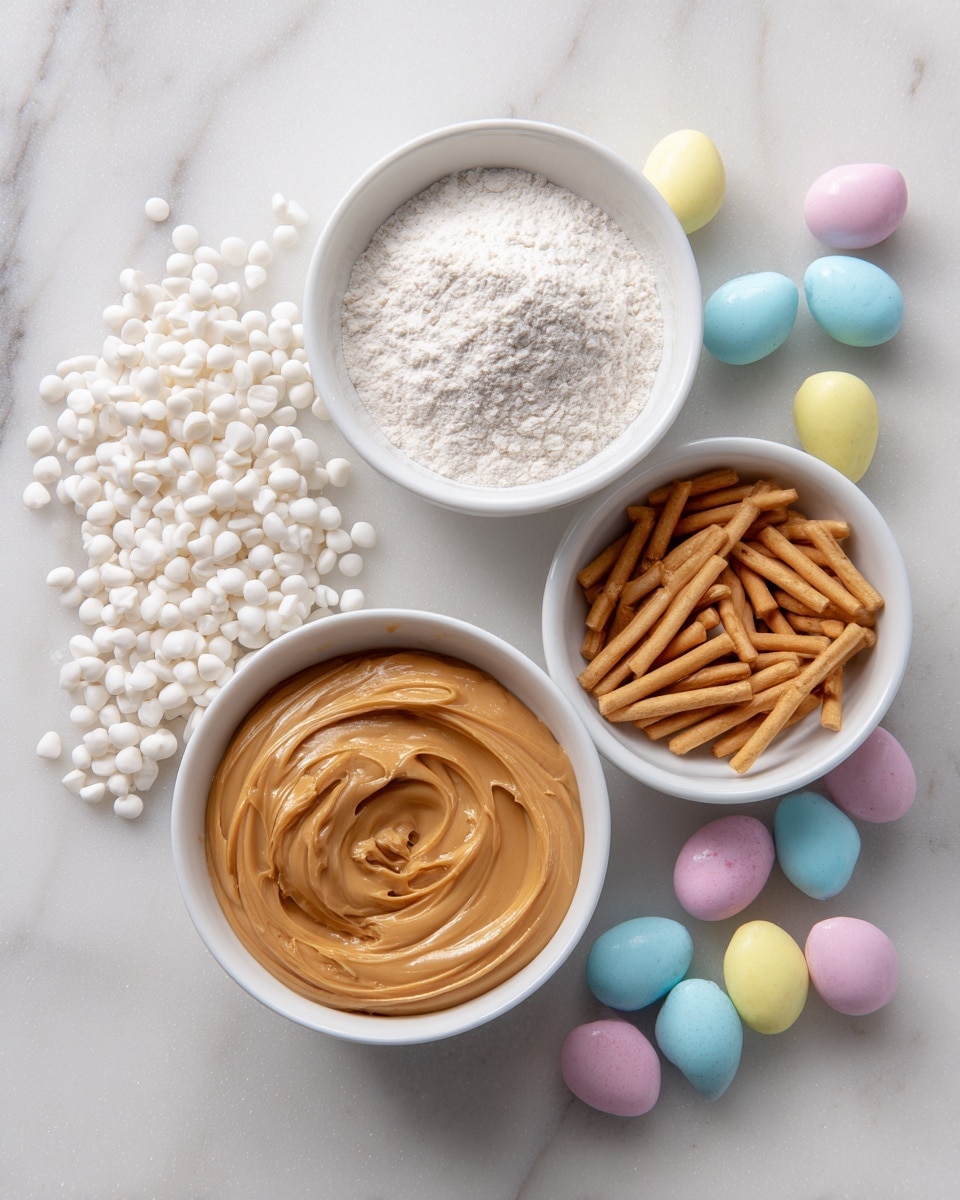 A white marbled surface holds three small white bowls arranged in a rough triangle. The top bowl is filled with smooth, creamy peanut butter with a swirl pattern on its surface. To the left bowl is filled with fine white powder resembling powdered sugar or flour. The right bowl contains light brown crunchy stick-like pieces. Surrounding the bowls are clusters of small white candy chips to the left and colorful pastel-coated egg-shaped candies in shades of pale blue, pink, yellow, and white to the right. photo taken with an iphone --ar 4:5 --v 7