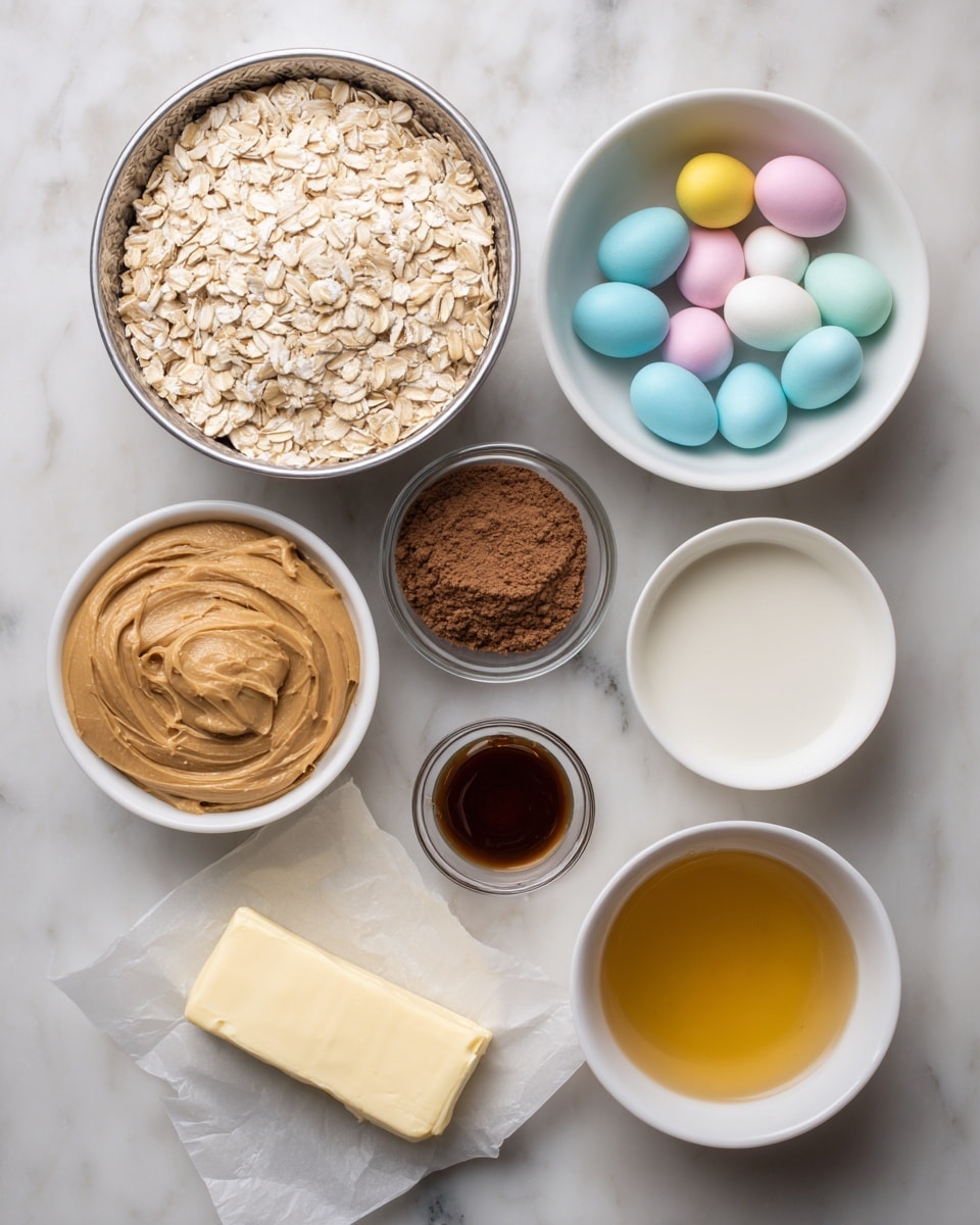 An overhead view shows six bowls and a wrapped stick of butter arranged on a white marbled surface. At the top center, a large silver bowl is filled with dry oats. To its right, a white bowl holds small candy eggs in pastel colors of blue, yellow, pink, and white. Below these, a clear glass bowl contains brown cocoa powder. At the bottom right, a white bowl is filled with golden honey. To the bottom left, a white bowl holds a large dollop of smooth, light brown peanut butter. Next to this bowl, an unwrapped stick of butter rests on white parchment paper. In the center bottom, a small container contains a dark brown liquid, likely vanilla extract. photo taken with an iphone --ar 4:5 --v 7