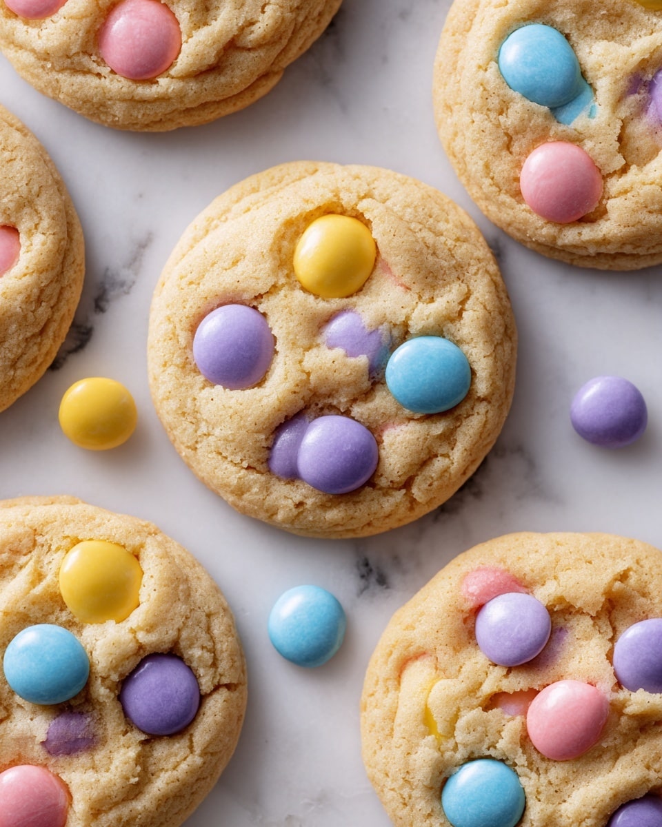 The image shows two halves of a cookie on a white plate with gold edges, placed on a white marble surface. The cookie is thick and soft, with a light brown baked bottom layer. On top, the cookie dough is pale yellow and soft with colorful candy pieces in pastel shades of pink, blue, yellow, and purple, embedded inside and on the surface. The candies are round and smooth, creating bright spots of color inside the cookie. The texture looks soft and chewy inside with a slightly crisp outside. Photo taken with an iphone --ar 4:5 --v 7