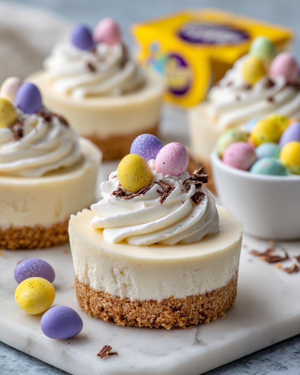 The image shows small round cheesecakes on a white marbled surface, each cheesecake having two layers: a thick, crumbly light brown crust at the bottom, and a smooth, creamy white top. On top of each cheesecake is a swirl of whipped cream with tiny colorful candy eggs in purple, yellow, pink, and white placed neatly on the whipped cream swirl. Some chocolate shavings are sprinkled lightly over the cheesecakes. To the side, there is a white bowl filled with more colorful candy eggs and a yellow box of Cadbury Mini Eggs. Photo taken with an iphone --ar 4:5 --v 7
