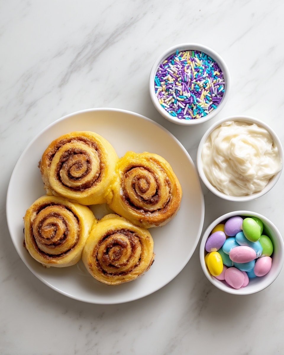 The image shows a white plate with five cinnamon rolls arranged in a loose circle; each roll has a golden yellow dough with a cinnamon brown spiral filling visible in all layers. To the right of the plate, there are three small white bowls arranged vertically: the top bowl is filled with thin, colorful sprinkles in shades of blue, purple, yellow, white, and pink; the middle bowl contains smooth, creamy white icing; and the bottom bowl holds pastel-colored candy-coated chocolate pieces in green, pink, yellow, blue, and purple. The whole scene is set on a white marbled surface with light gray veining, giving it a clean and bright look. Photo taken with an iphone --ar 4:5 --v 7