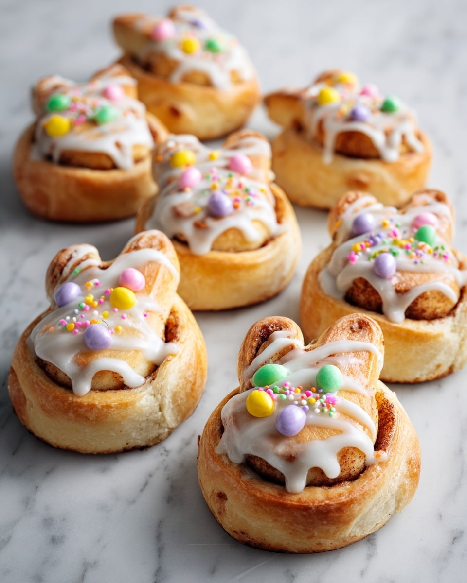 A woman's hand holds a small bunny-shaped pastry with three layers: a golden brown dough base with visible cinnamon swirls, a thick drizzle of white icing layered over the dough, and a topping of colorful small round and rod-shaped sprinkles in pastel colors including yellow, purple, blue, and pink, along with three larger candy-coated pieces in yellow and purple on the front. In the blurred background, four more similar pastries rest on a white plate over a white marbled surface, all decorated with the same icing and sprinkles. photo taken with an iphone --ar 4:5 --v 7