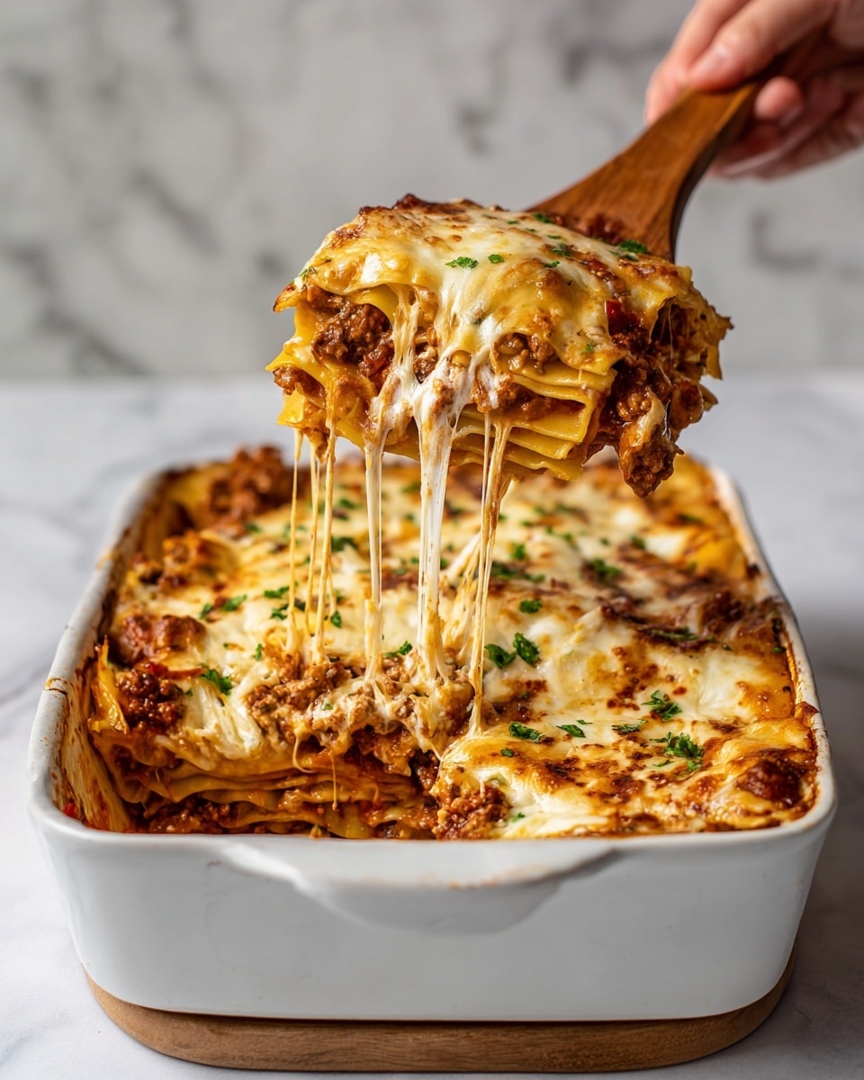 This image shows a white pot filled with layered food being scooped out with a wooden spoon held by a woman's hand. The dish has multiple layers, starting with a rich brown sauce mixed with chunks of cooked meat at the bottom, topped with soft pasta sheets that are pale yellow with some darker browned spots. The pasta and sauce are mixed together, and there are thin strings of melted cheese stretching down from the spoon. Inside the pot, you can also see hints of red tomato and green herbs scattered throughout the layers. The background is a white marbled texture. Photo taken with an iphone --ar 4:5 --v 7