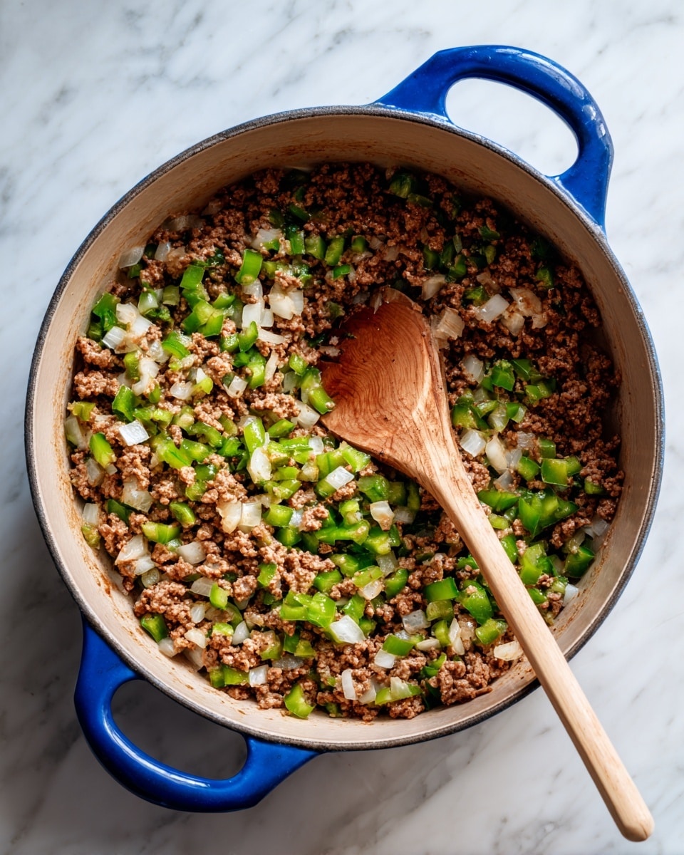 A blue-handled pot filled with cooked ground beef mixed with small chopped white onions and green peppers, all evenly spread inside the pot. A wooden spoon rests in the middle of the pot, its pale wood color contrasting with the cooked meat. The pot sits on a white marbled surface, and the image is taken from above, showing the texture of the cooked meat and vegetables clearly. photo taken with an iphone --ar 4:5 --v 7