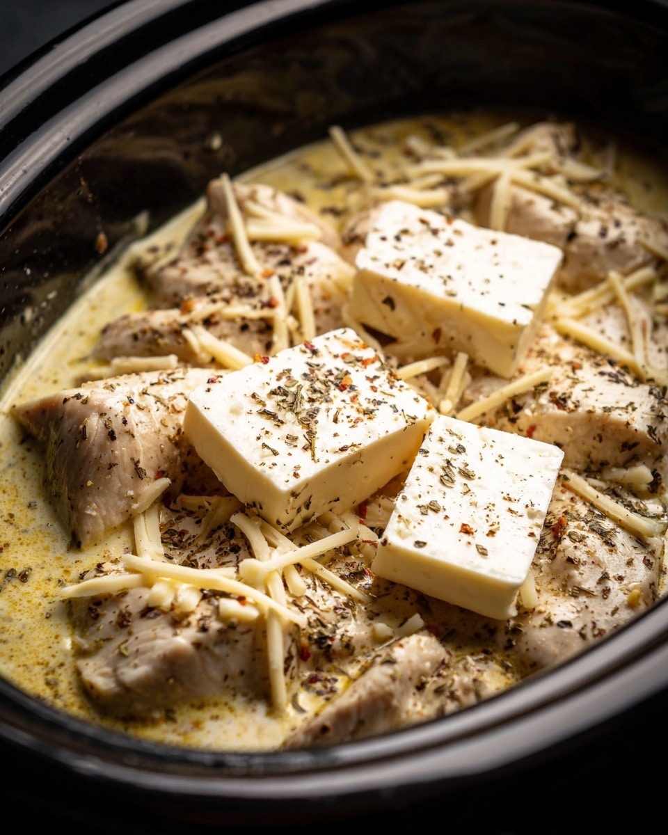 A close-up view of raw chicken pieces placed inside a black slow cooker, covered with a yellowish creamy sauce. There are three thick slices of white cream cheese on top, sitting evenly on the chicken. Light brown shredded cheese sprinkles are scattered across the chicken pieces, with fine black pepper seasoning visible over the surface. The inside edge of the slow cooker forms a dark frame around the dish. photo taken with an iphone --ar 4:5 --v 7