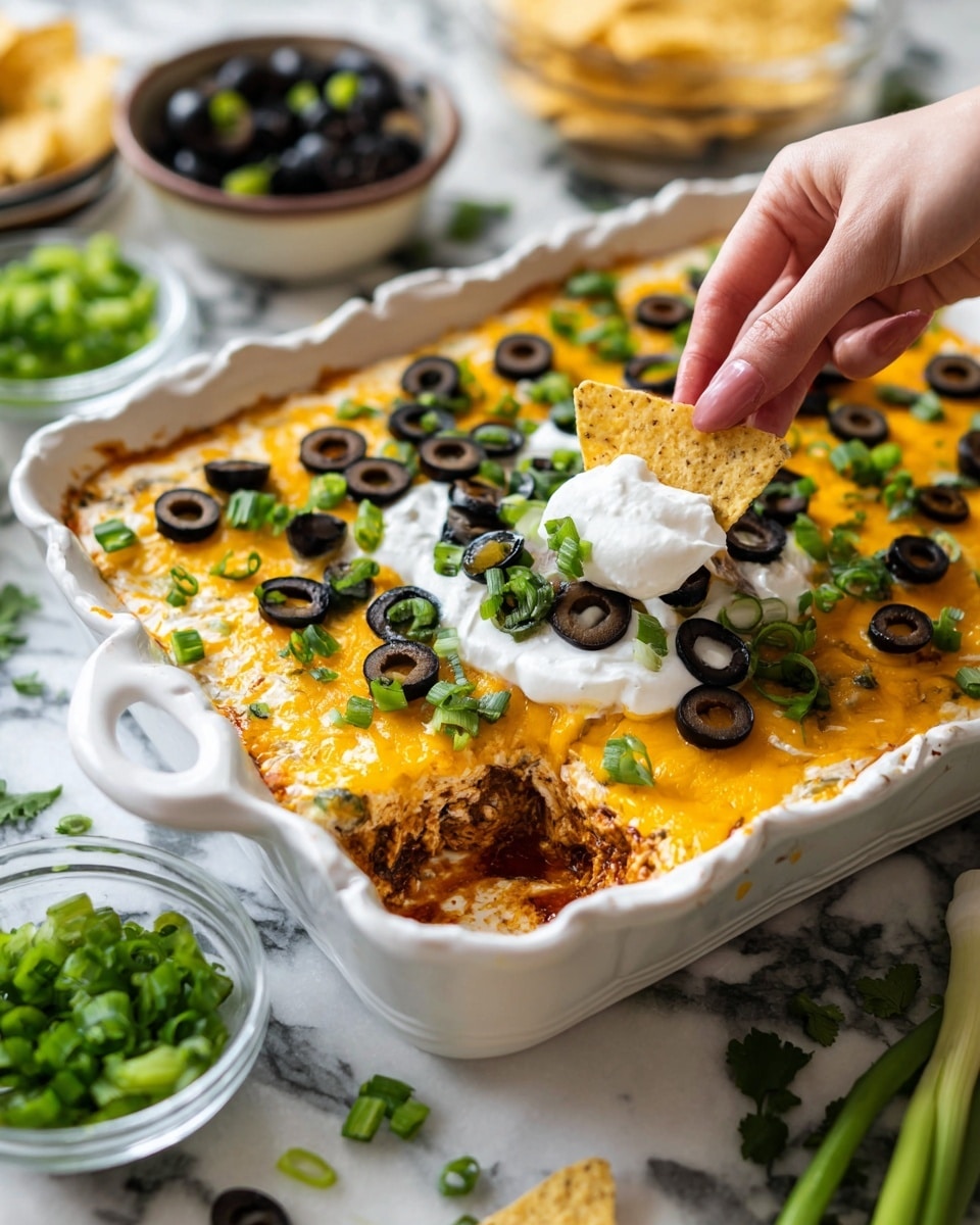 The dish is a rectangular white baking dish filled with a layered cheesy casserole. The top layer is bright golden yellow melted cheese, sprinkled with sliced black olives and finely chopped green onions. In the center, there is a dollop of white sour cream garnished with more olives and green onions. One corner of the dish is scooped out, showing soft, creamy layers beneath the golden top. The dish is on a white marbled surface, surrounded by a white bowl of mixed blue and red tortilla chips, small white bowls with sliced black olives and chopped green onions, a red taco seasoning packet, and a bunch of fresh green onions tied together. A silver spoon rests inside the dish. Photo taken with an iphone --ar 4:5 --v 7