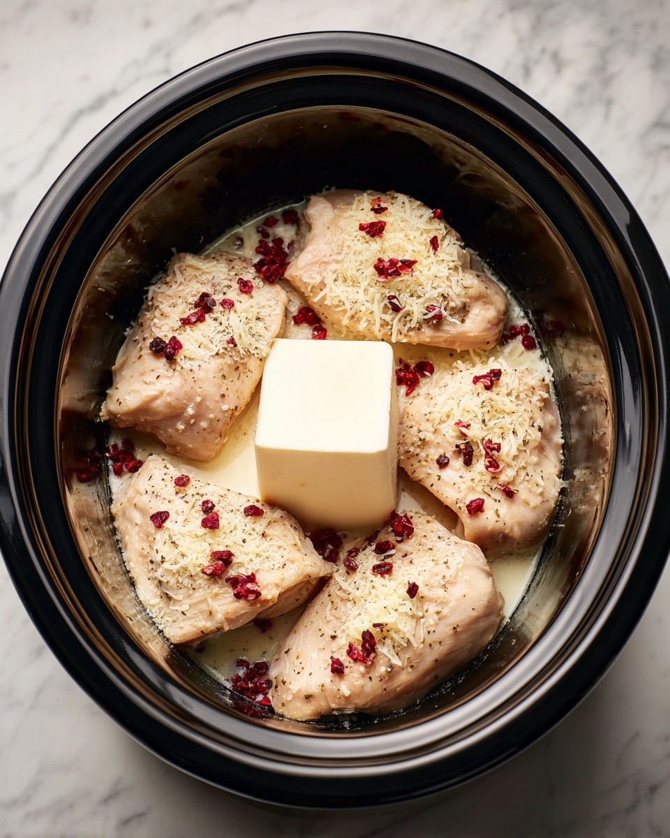 Inside a black slow cooker, there are four pieces of light beige chicken pieces at the bottom, each sprinkled with a layer of pale yellow grated cheese and small dark red chili flakes scattered on top. In the center of the chicken pieces, there is a solid block of smooth white cream cheese, standing out against the softer textured chicken and cheese below. The whole scene is set against a white marbled background, and the photo is taken with an iphone --ar 4:5 --v 7