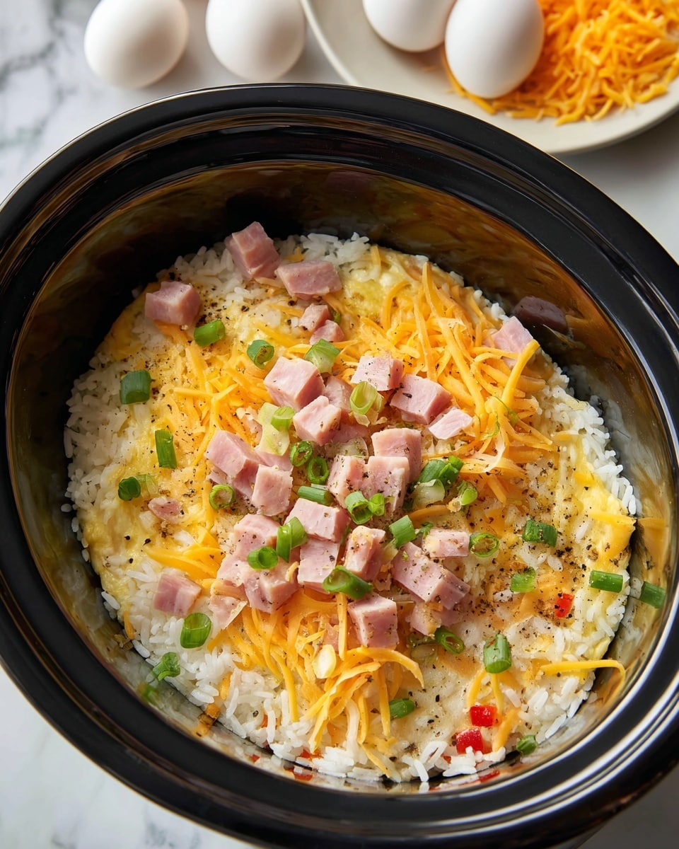 The dish is shown in a black slow cooker filled with multiple layers. The bottom layer is white rice with a soft texture. Above the rice, there is a layer of shredded orange cheese, melting slightly. On top of the cheese, there are small chopped pieces of light pink ham, scattered evenly. Also mixed in this top layer are chopped green bell peppers and small green onion slices, adding freshness and color contrast. There are scattered bits of red bell pepper as well. The dish is sprinkled lightly with black pepper. The background surface is white marbled, and part of a white plate filled with shredded orange cheese and several white eggs are visible near the cooker. Photo taken with an iphone --ar 4:5 --v 7
