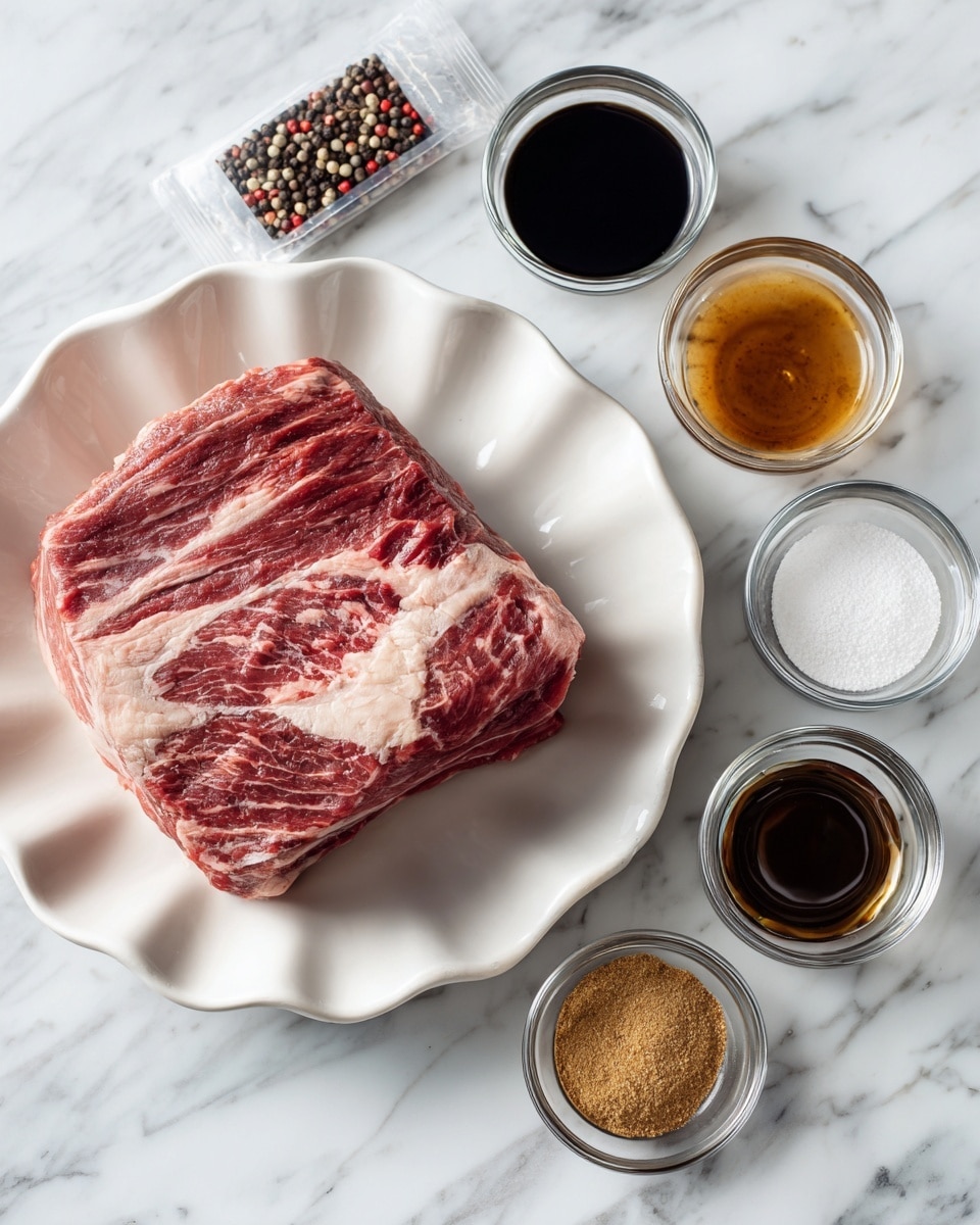 A large piece of raw beef with heavy white fat marbling sits in the center of a white scalloped dish on a white marbled surface. To the right, six small metal bowls and a glass container hold various spices and liquids: from top to bottom, dark brown sauce, black pepper, a dark soy-like liquid, light brown sugar, and two other powdered spices. Above the beef, a small spice packet with mixed peppercorns is partially visible. The scene is clean and bright, emphasizing the textures and colors of the meat and spices. photo taken with an iphone --ar 4:5 --v 7