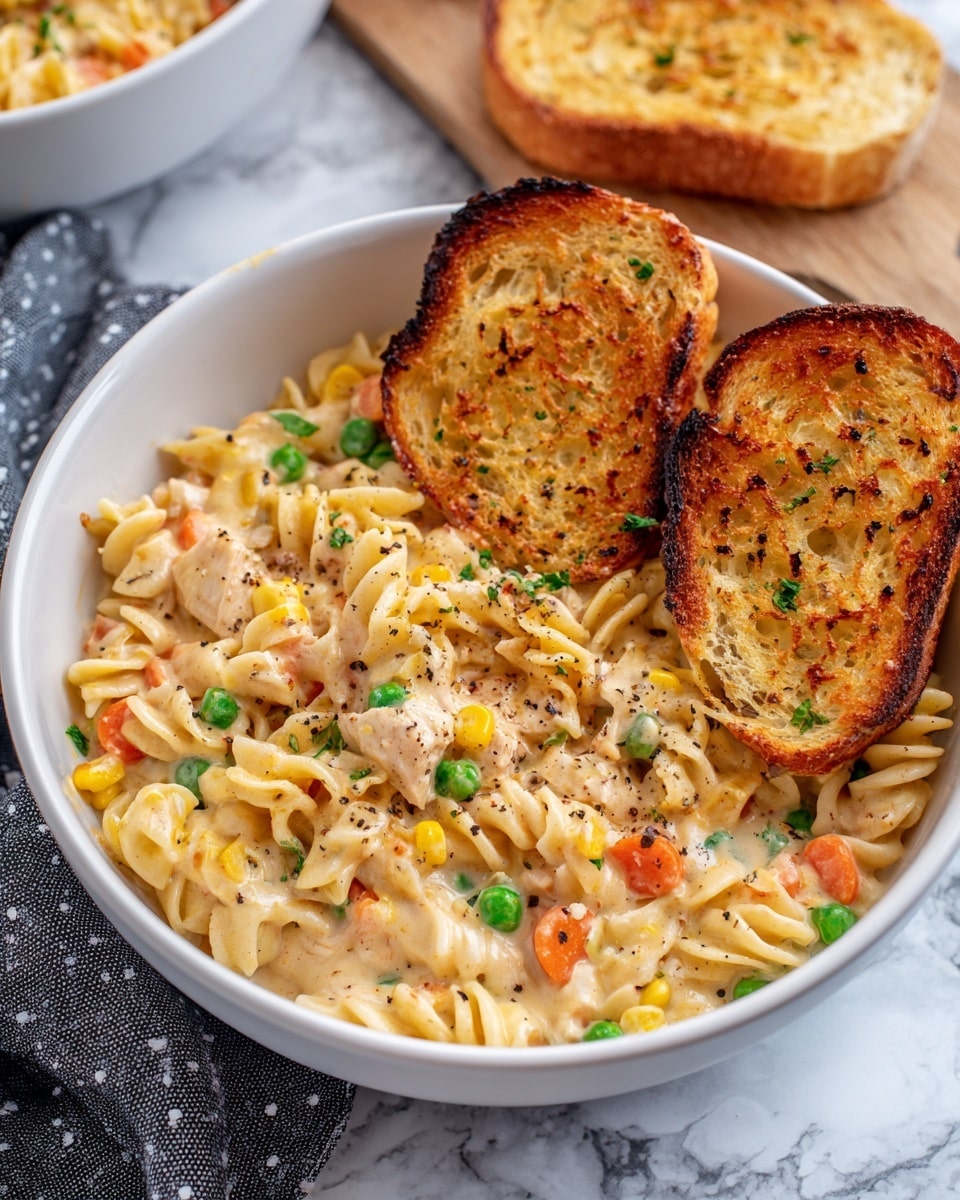 A close-up photo of a bowl filled with creamy pasta mixed with small pieces of chicken, peas, corn, and diced carrots, all covered in a light beige sauce with visible black pepper. On top of the bowl, two slices of toasted bread with melted golden cheese are placed, showing a bubbly and slightly crispy texture. Part of a third toasted bread slice is visible to the side. The bowl is set on a white marbled surface with a gray cloth with white dots nearby. photo taken with an iphone --ar 4:5 --v 7