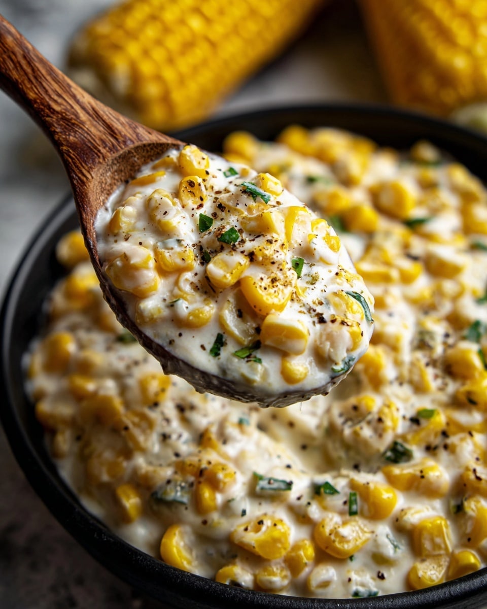 A close-up of a wooden spoon holding creamy corn with bright yellow corn kernels mixed in thick white cream with small green herb pieces and specks of black pepper sprinkled on top. The spoon is over a black dish filled with the same creamy corn. The background is a white marbled texture with two blurry corn cobs in soft focus. photo taken with an iphone --ar 4:5 --v 7