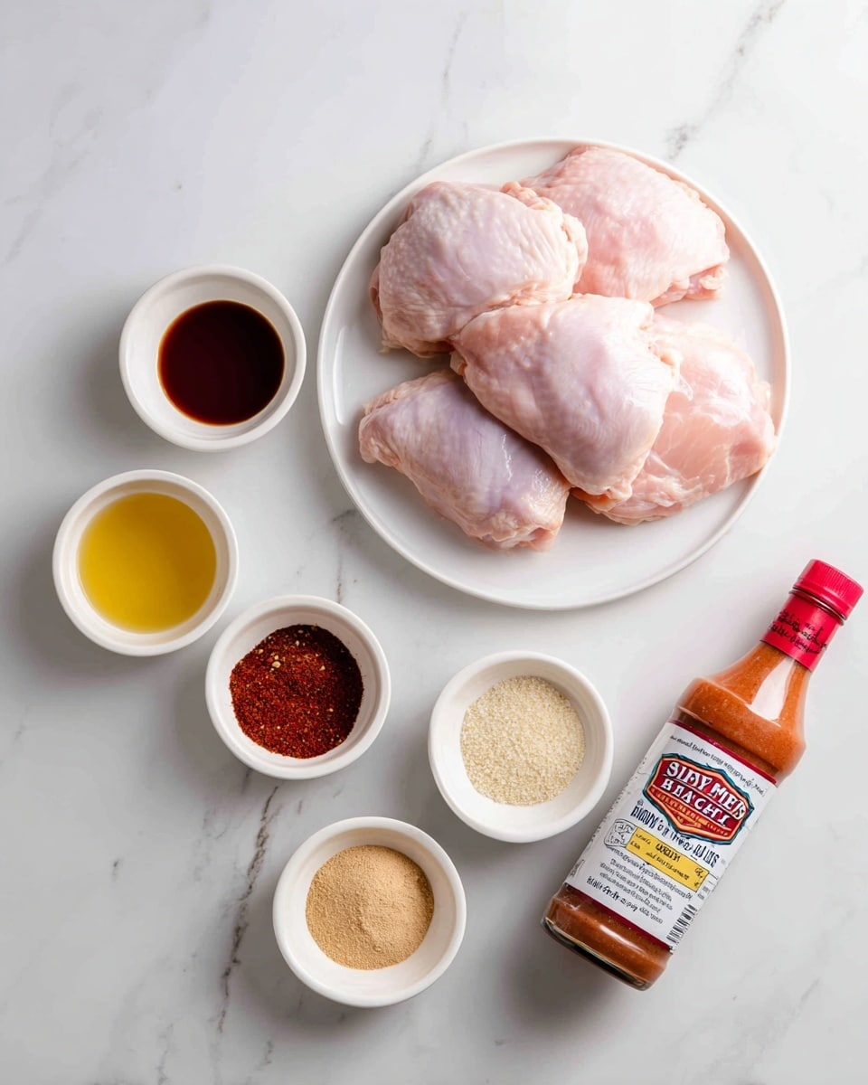 The image shows a white plate with three raw, smooth, light pink chicken parts on the left side. Surrounding the plate on a white marbled surface are six small white bowls and a bottle: a bowl of dark red smoked paprika below the plate, a bowl with a golden yellow liquid labeled apple cider vinegar below center, a bowl of light brown brown sugar in the center, a bowl of red pepper flakes above center, a bowl of pale yellow garlic powder to the right of the red pepper flakes, and a bottle of Sweet Baby Ray’s BBQ sauce with a red, white, and blue label lying on its side on the right. All items are neatly arranged with clear labels in black text on white backgrounds. Photo taken with an iphone --ar 4:5 --v 7