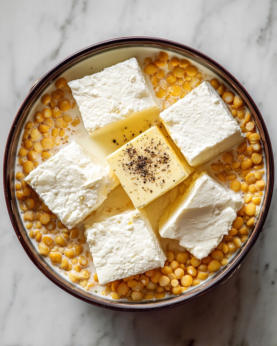 This image shows a close-up of a pot filled with yellow split peas at the bottom layer. On top of the peas, there is a creamy white liquid covering them partially. Several large white cubes of cream cheese are scattered evenly on the surface, along with one block of pale yellow butter in the center. There is a sprinkle of black pepper on one cube of cheese, adding some dark specks. The pot has a smooth dark edge, and the background is a white marbled texture. photo taken with an iphone --ar 4:5 --v 7