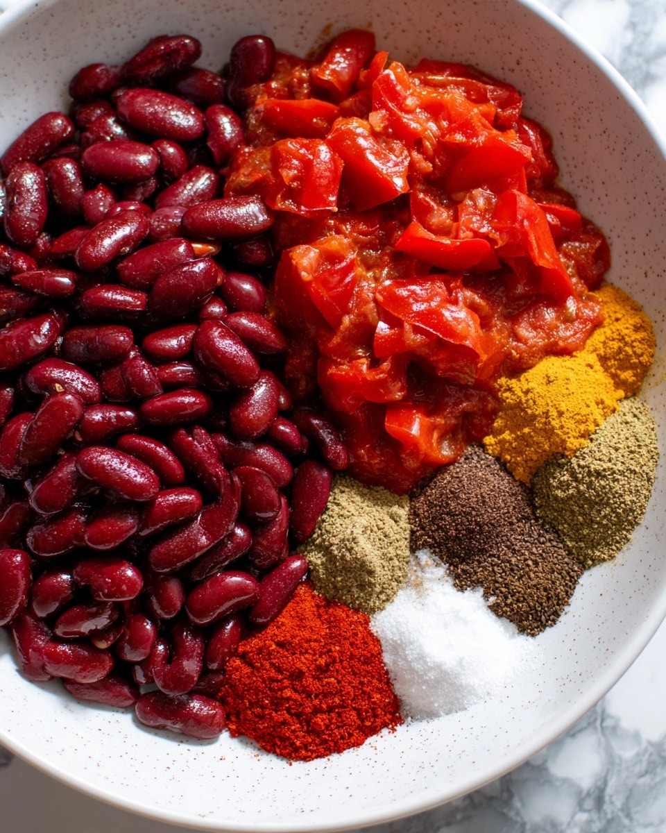 The image shows a close-up of a white bowl filled with several layers of ingredients. On the left side, there is a thick layer of shiny, dark red kidney beans. On the right side, there are chunks of bright orange-red cooked tomatoes with some sauce. Below the tomatoes, there is a group of different spices, including a vibrant red powder, earthy brown, black, and white powdery spices, all arranged side by side. The background surface is a white marbled texture. Photo taken with an iphone --ar 4:5 --v 7