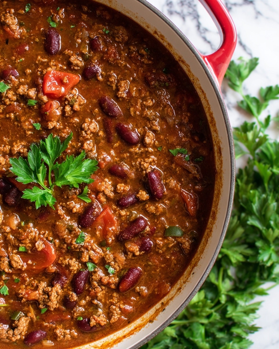 A close-up image of a pot filled with a thick stew made of cooked ground meat, dark red kidney beans, chunks of red tomatoes, and soft translucent onions mixed in a rich brown sauce. The stew has small oil spots and herbs visible on top with a sprig of fresh green parsley placed in the center. The pot is white inside with a red outer edge, resting on a surface showing some fresh green parsley in the background, all on a white marbled texture. photo taken with an iphone --ar 4:5 --v 7