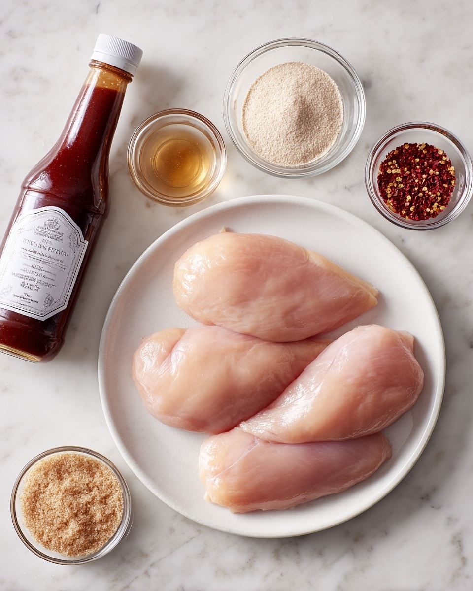 A white round plate holds three large raw chicken breasts, smooth and pale pink, placed in a slight curve on the lower right side. Around the plate, six clear small glass bowls are arranged on a white marbled surface: at the top left is light brown apple cider vinegar, at the top center is pale onion powder, and at the top right is beige garlic powder. Below garlic powder and onion powder, a bowl contains bright red pepper flakes. Next to the white plate on the left is a dark brown bottle of barbecue sauce with a white label. Below the apple cider vinegar bowl is a small bowl filled with light brown, granular brown sugar. The whole setting is neatly spaced and bright. Photo taken with an iphone --ar 4:5 --v 7