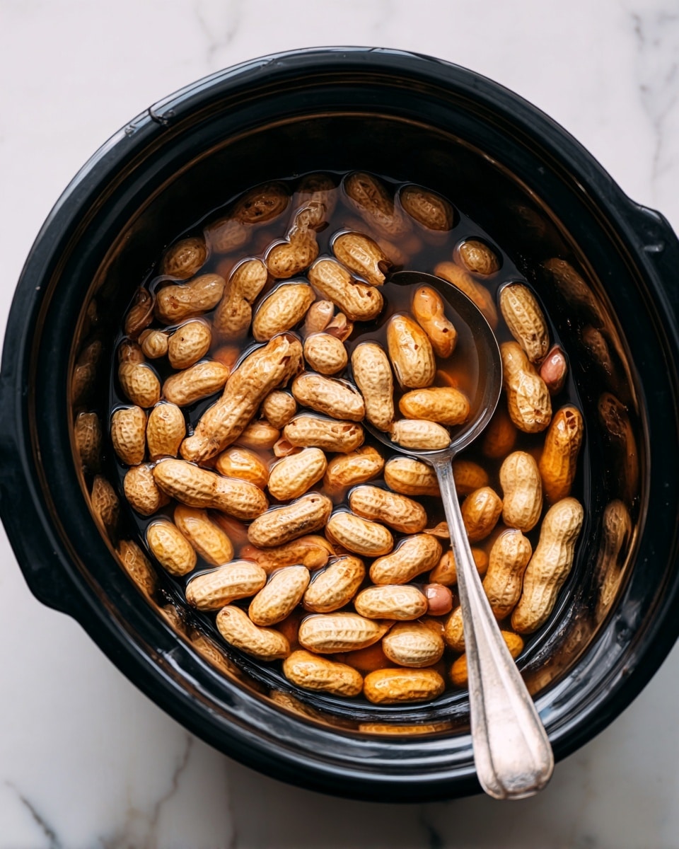 A black slow cooker filled with many whole peanuts in shells covered by clear water, with some peanuts floating on top. A silver metal spoon is resting inside the slow cooker on the right side, slightly submerged in the water and peanuts. The background is a white marbled texture. photo taken with an iphone --ar 4:5 --v 7