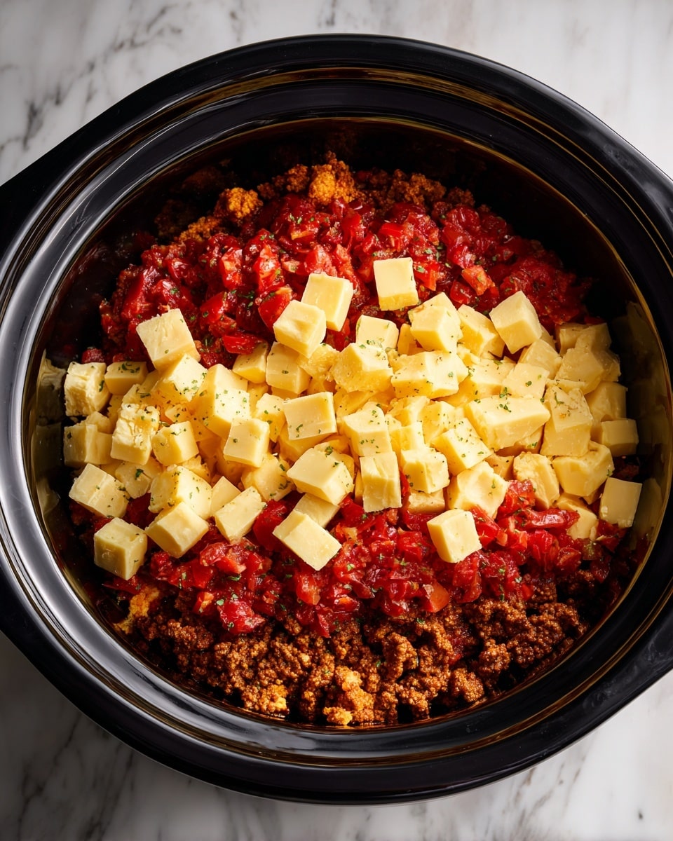 The image shows the inside of a black slow cooker filled with three layers of ingredients. The bottom layer is cooked ground meat, dark brown and crumbly. On top of this is a thick layer of finely chopped red tomatoes. The top layer consists of large, bright yellow cheese cubes spread evenly over the tomatoes and meat. The slow cooker is set on a white marbled surface. photo taken with an iphone --ar 4:5 --v 7