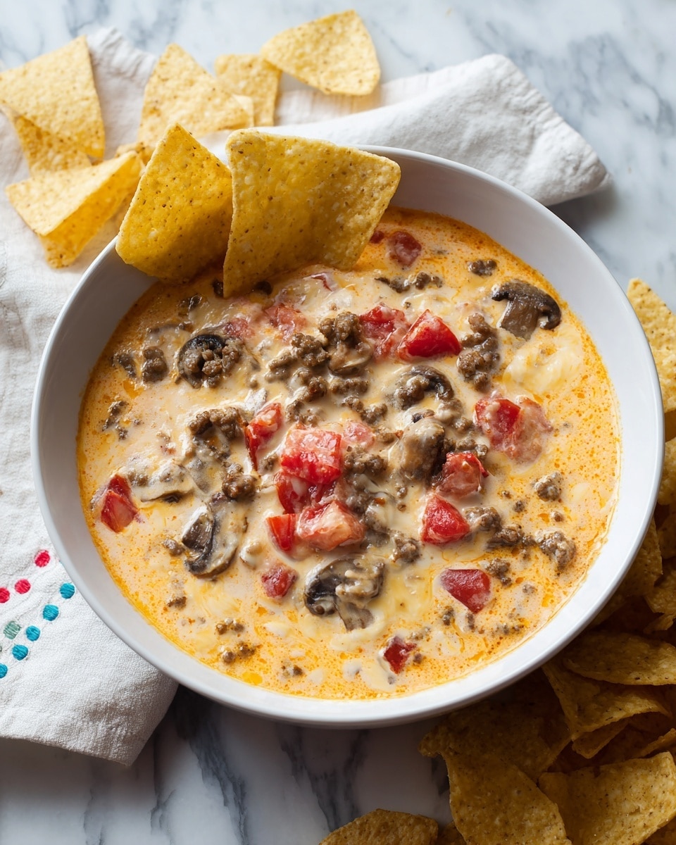 A close-up of a white corn chip held by a woman's hand with light purple nail polish, topped with a thick layer of creamy orange cheese dip mixed with small red and light brown chunks. In the background, a white bowl filled with the same cheese dip is slightly out of focus, all set on a white marbled surface. photo taken with an iphone --ar 4:5 --v 7