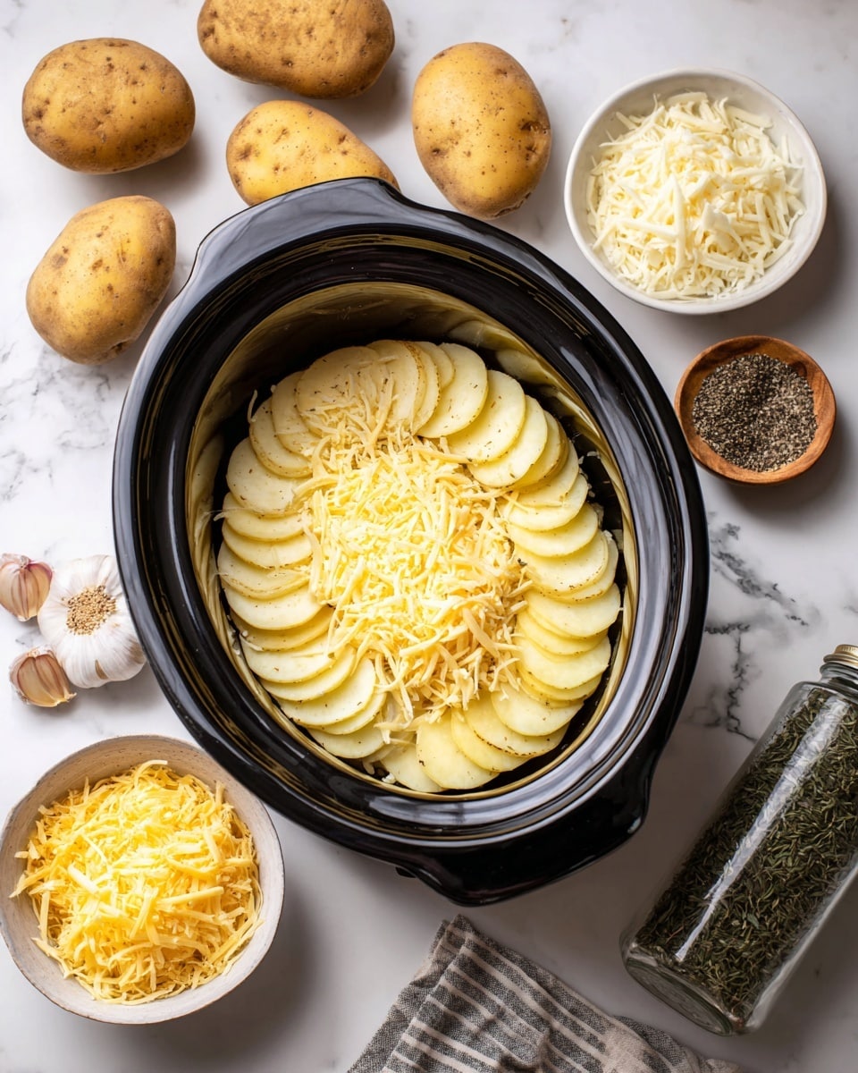 The image shows a black slow cooker filled with a layer of thin potato slices at the bottom. Around the cooker, on a white marbled surface, there are whole potatoes, a white bowl filled with shredded yellow cheese, a smaller white bowl with shredded white cheese, garlic cloves, a wooden bowl containing black pepper, and a glass jar with green dried herbs. A striped cloth is partially visible near the slow cooker. photo taken with an iphone --ar 4:5 --v 7