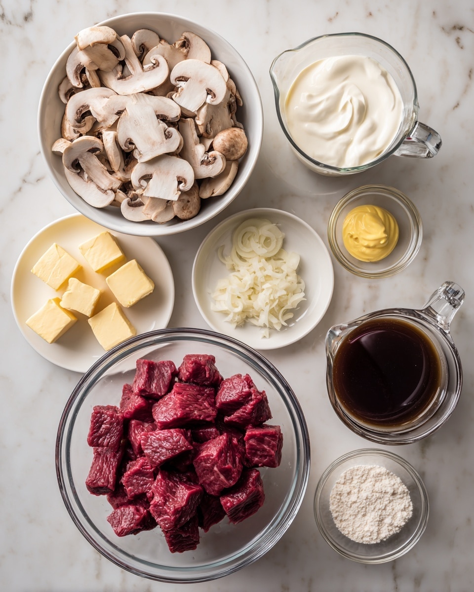 In the image, there is a top view of several clear glass bowls and small white dishes arranged on a white marbled surface. The center shows a round clear glass bowl filled with deep red cube-shaped chunks of chuck beef. Above this, a clear glass measuring cup filled with white sour cream sits on the right, and next to it on the far right is another clear glass measuring cup filled with dark brown beef stock. To the left of the beef bowl is a large white bowl full of light brown sliced mushrooms. Above the mushrooms, there are three small white plates arranged horizontally: one with yellow cubes of butter on the left, one with light yellow Dijon mustard in the center, and one with white flour on the right. Below these plates, there is a small bowl with minced garlic and a whole light brown onion placed between the garlic and the sour cream. All items are organized neatly on the white marbled background. Photo taken with an iphone --ar 4:5 --v 7