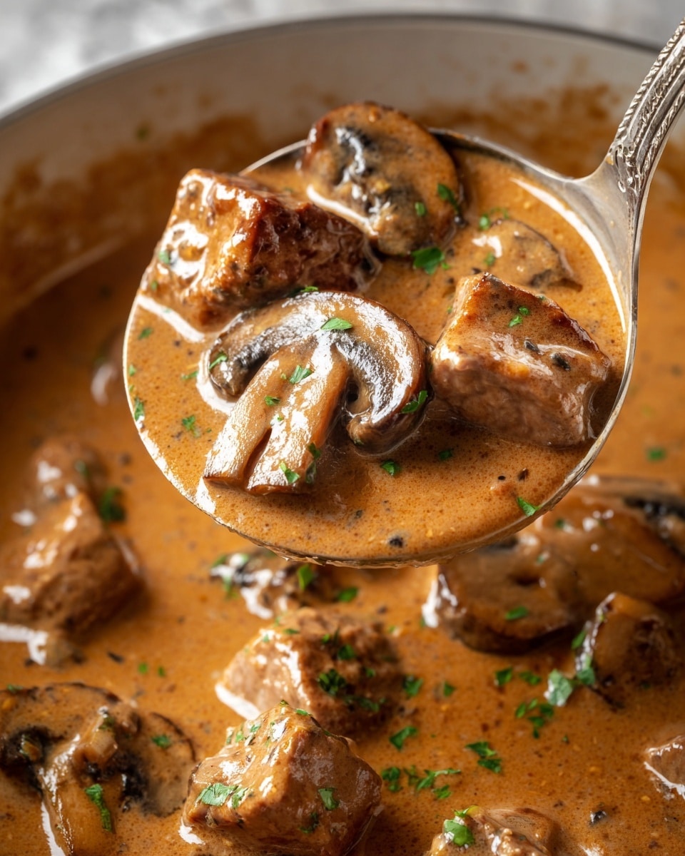 A close-up image of a bowl filled with a creamy beige soup that has several browned meat chunks and whole mushrooms dispersed throughout. The soup's texture looks smooth and thick, with small bits mixed in, and it is topped with a few pieces of chopped green herbs for color. There is a scoop of white mashed potatoes partially submerged in the soup near the center. The bowl is white with a dark rim and rests on a soft gray fabric, with a silver spoon inside the bowl on the left side. The background has a soft focus and a white marbled surface. Photo taken with an iphone --ar 4:5 --v 7