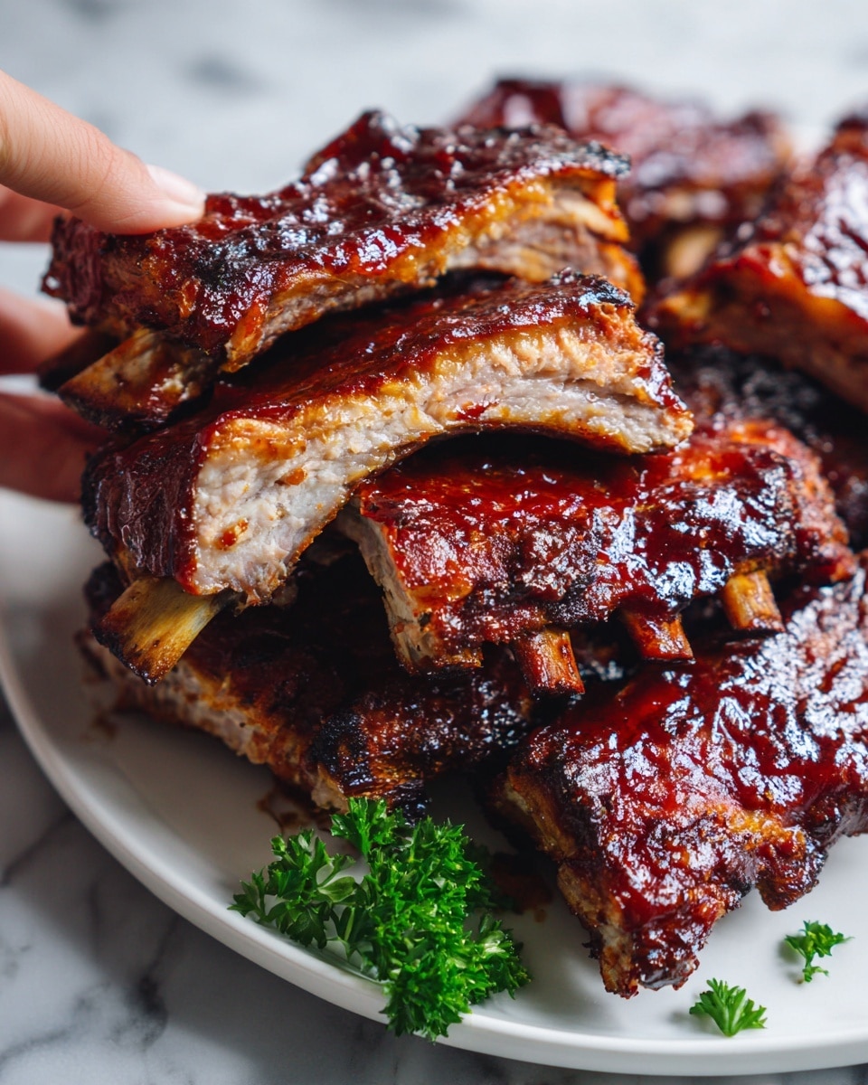 A white plate holds a large rack of ribs covered in a shiny dark reddish-brown sauce, with visible grill marks and a slightly charred texture on the edges. The ribs have five visible bones at the base and are resting over a small bunch of fresh green parsley on the left side of the plate. Behind the plate, a small white bowl filled with a matching dark brown sauce is placed on the white marbled surface. In the background, you can see part of a bottle with a dark red label and a metallic toaster. The overall look is glossy and rich, with the ribs as the main focus. photo taken with an iphone --ar 4:5 --v 7