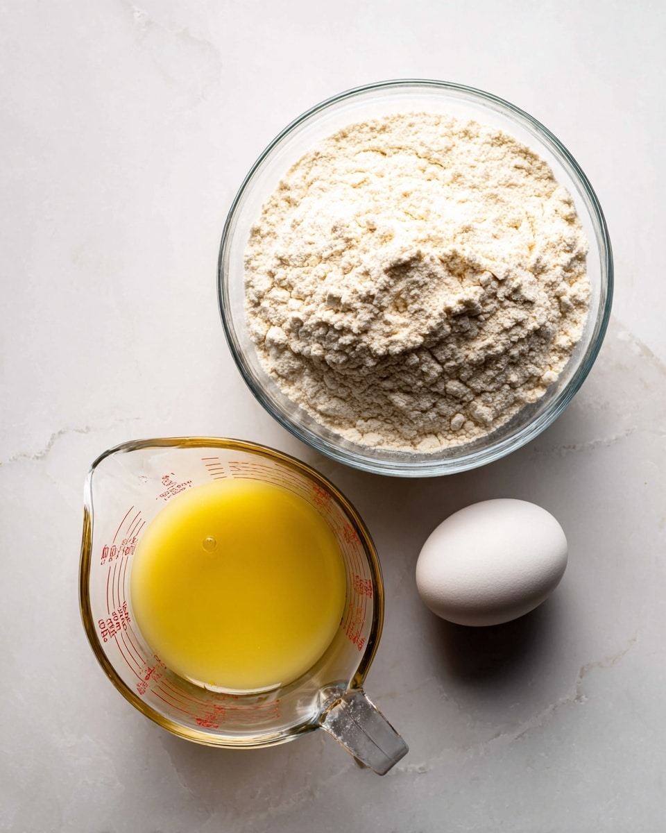 The image shows two parts side by side on a white marbled surface. On the left, there is a clear glass bowl filled with light beige flour, with a small round indentation in the middle. On the right, a clear glass measuring cup holds a yellow liquid mixture, likely melted butter or egg mixture, with red measurement markings on the sides. Next to the measuring cup, there is a whole white egg placed on the surface. Both parts have soft, natural light highlighting the textures and colors clearly photo taken with an iphone --ar 4:5 --v 7