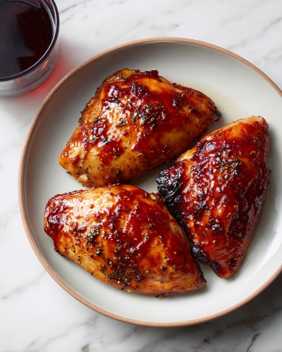 Three cooked chicken breasts are in a black pan, each piece golden brown with a slightly glossy, spiced surface. The chicken is sprinkled with small green herb bits, and the pan holds some thick, rich brown sauce with visible tiny pieces of garlic and spices around the chicken. The pan rests on a white marbled surface, and a dark gray cloth is partly visible in the top left corner. The photo is clear and bright, showing a close-up of the chicken and sauce. photo taken with an iphone --ar 4:5 --v 7