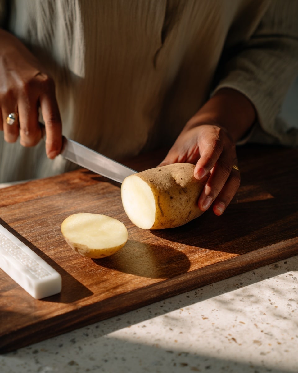 A close-up scene shows a woman's hand holding a brown-skinned potato on a wooden cutting board. The potato is being sliced lengthwise with a large silver knife held by the woman's other hand. On the board, there is a half potato lying flat with light-colored flesh visible. The background includes a white peeler resting diagonally on the board and part of a speckled white marbled surface. The lighting is warm, highlighting the textures of the potato skin, wood board, and hands photo taken with an iphone --ar 4:5 --v 7